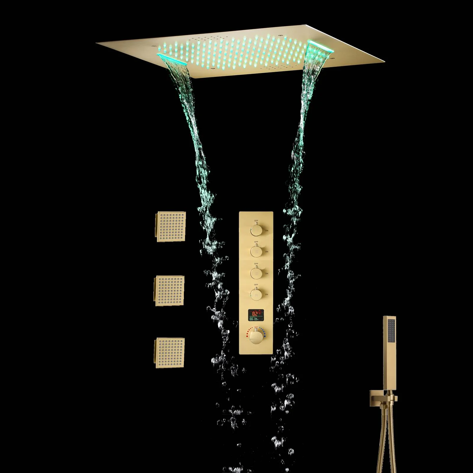 Brushed Gold Music 64 LED lights Flushed mount 20 X 20 inch rain waterfall shower head 4 way Digital display thermostatic valve that each function run all together and separately