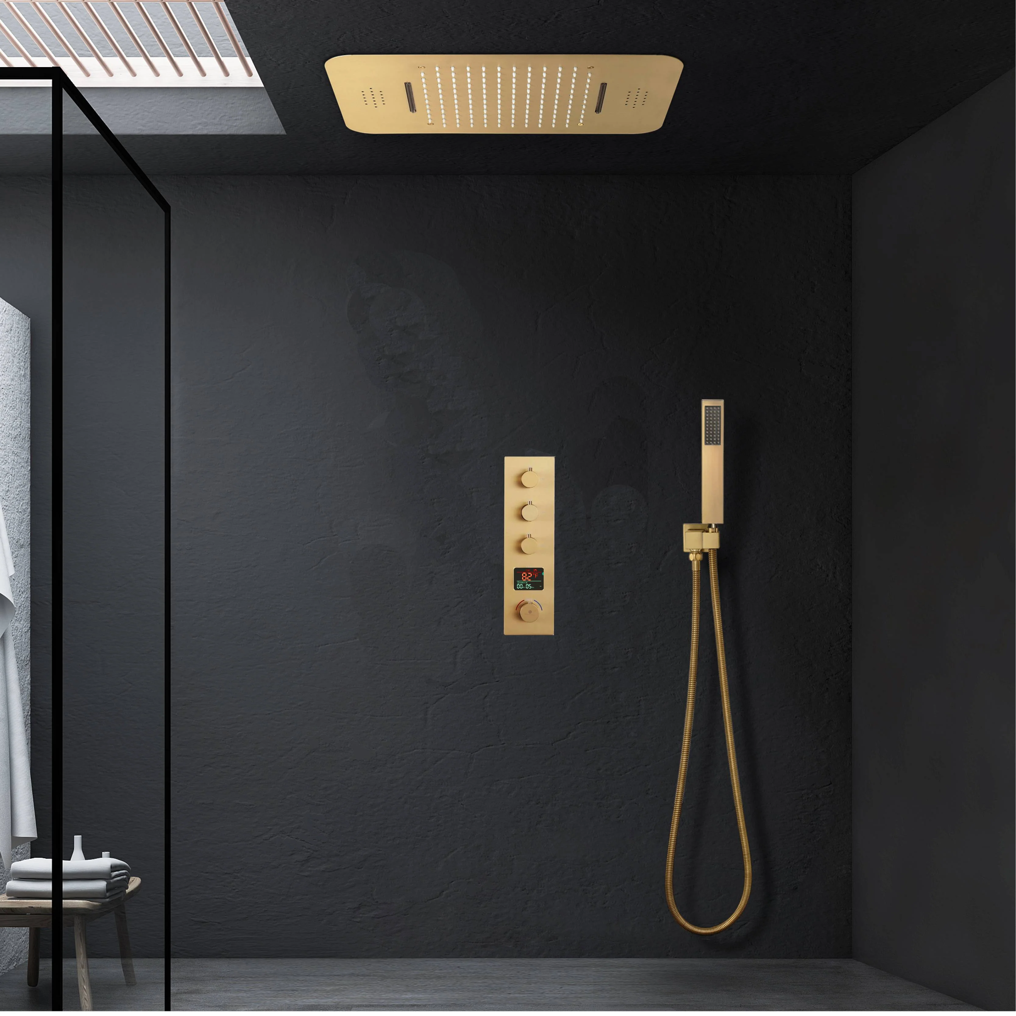 Brushed Gold Music 64 LED lights Flushed mount 23X 15inch shower head 3 way Digital display thermostatic valve that each function run all together and separately - Image 2