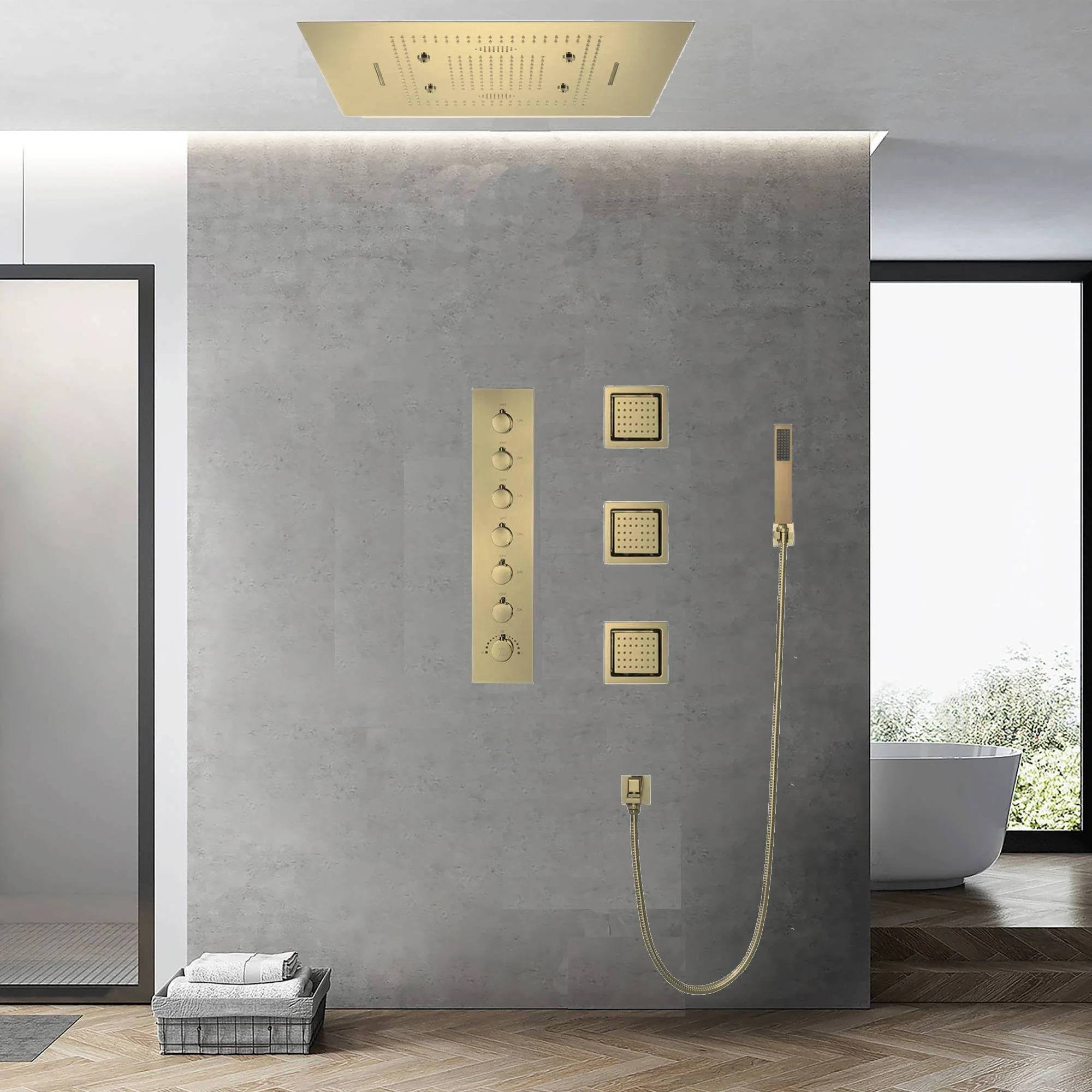 31-Inch Brushed Gold Flush-Mounted LED Music Shower Head with Optional Digital Display - 6-Way Thermostatic Shower Faucet - Independent or Combined Functionality - Image 11