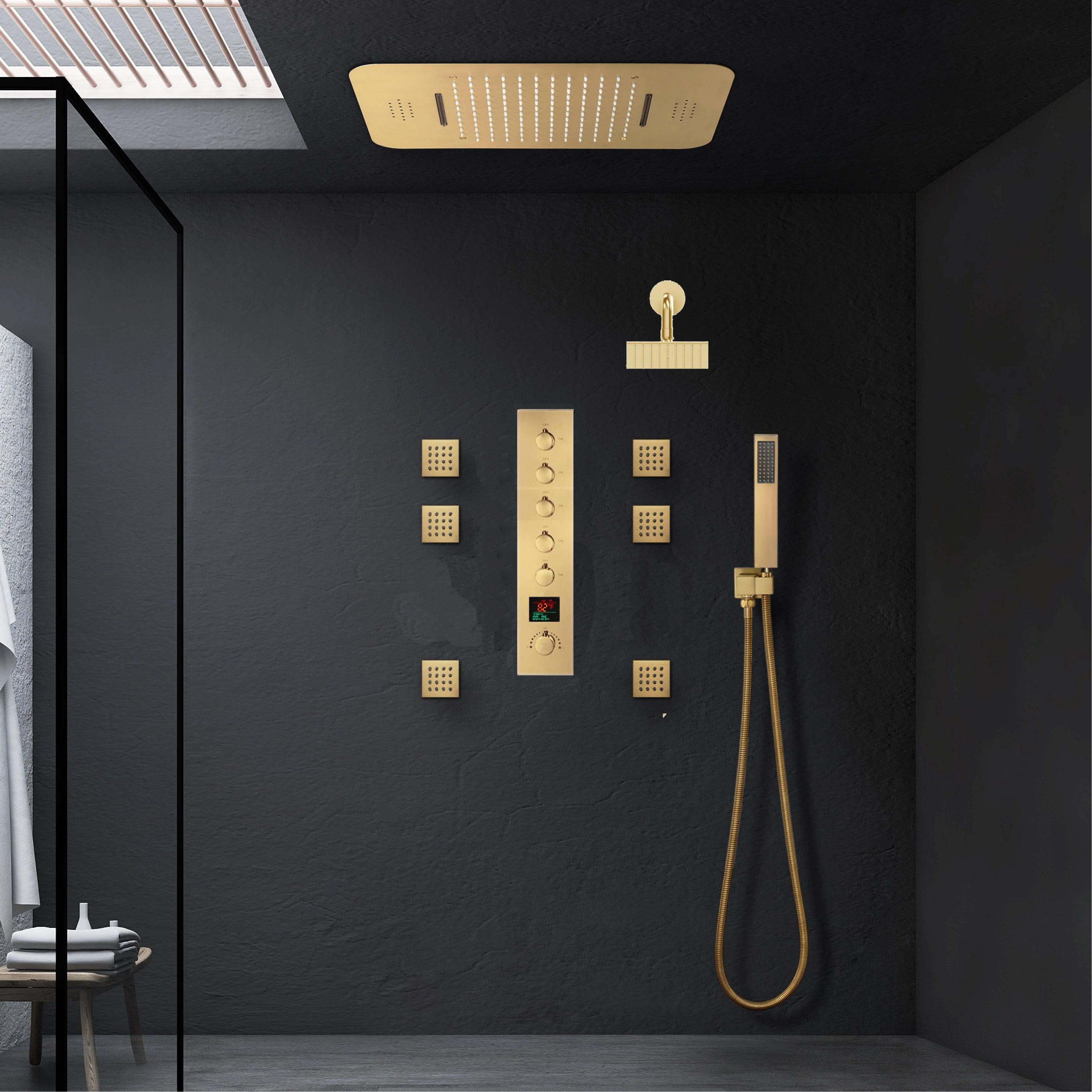 Brushed Gold Music LED Shower System: Flush-In 23'' x 15'' or 20'' x 20'' Shower Head with 5-Way Digital Display Thermostatic Control, Regular Head & Body Sprayers - Image 2