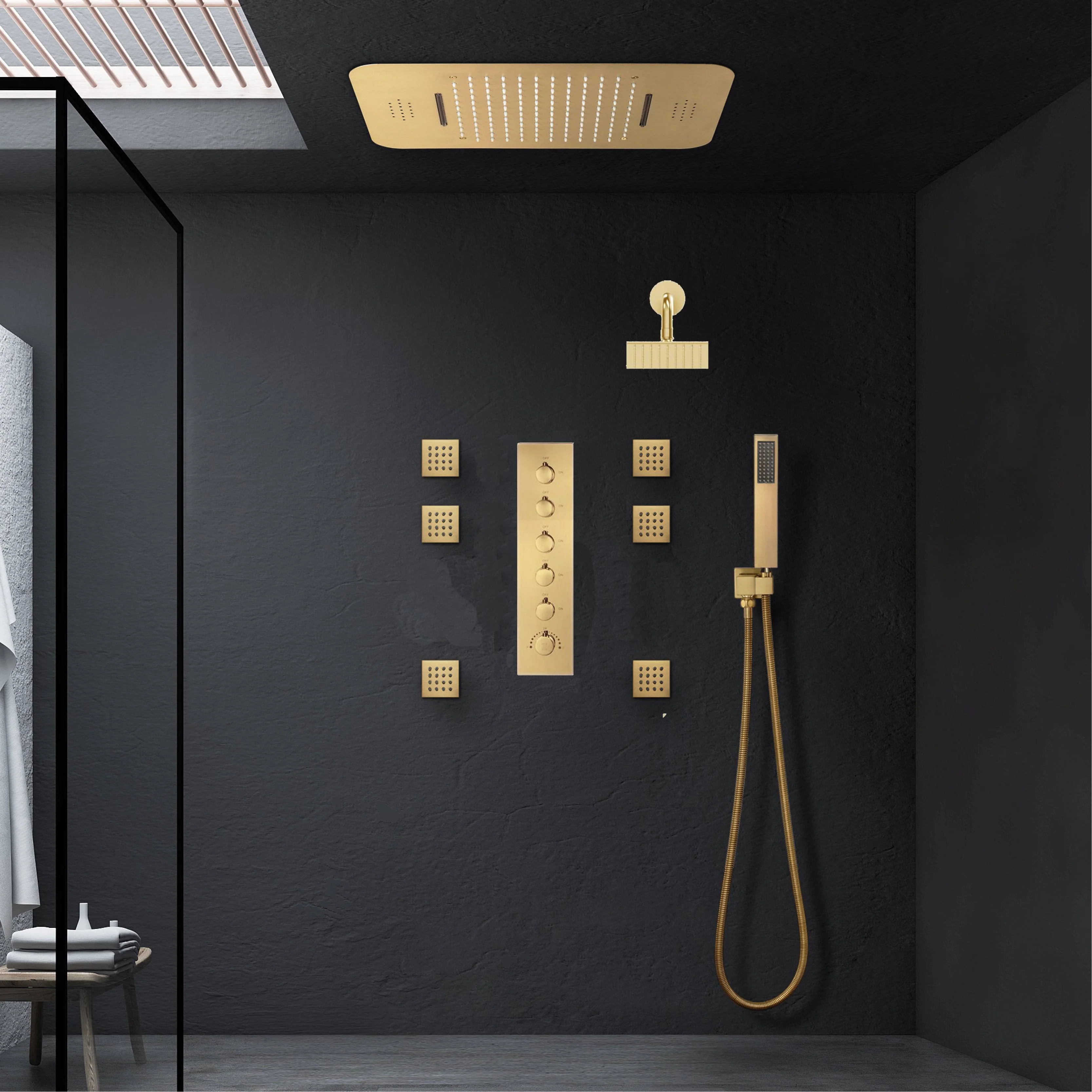 Brushed Gold Music LED Shower System: Flush-In 23'' x 15'' or 20'' x 20'' Shower Head with 5-Way Digital Display Thermostatic Control, Regular Head & Body Sprayers - Image 3