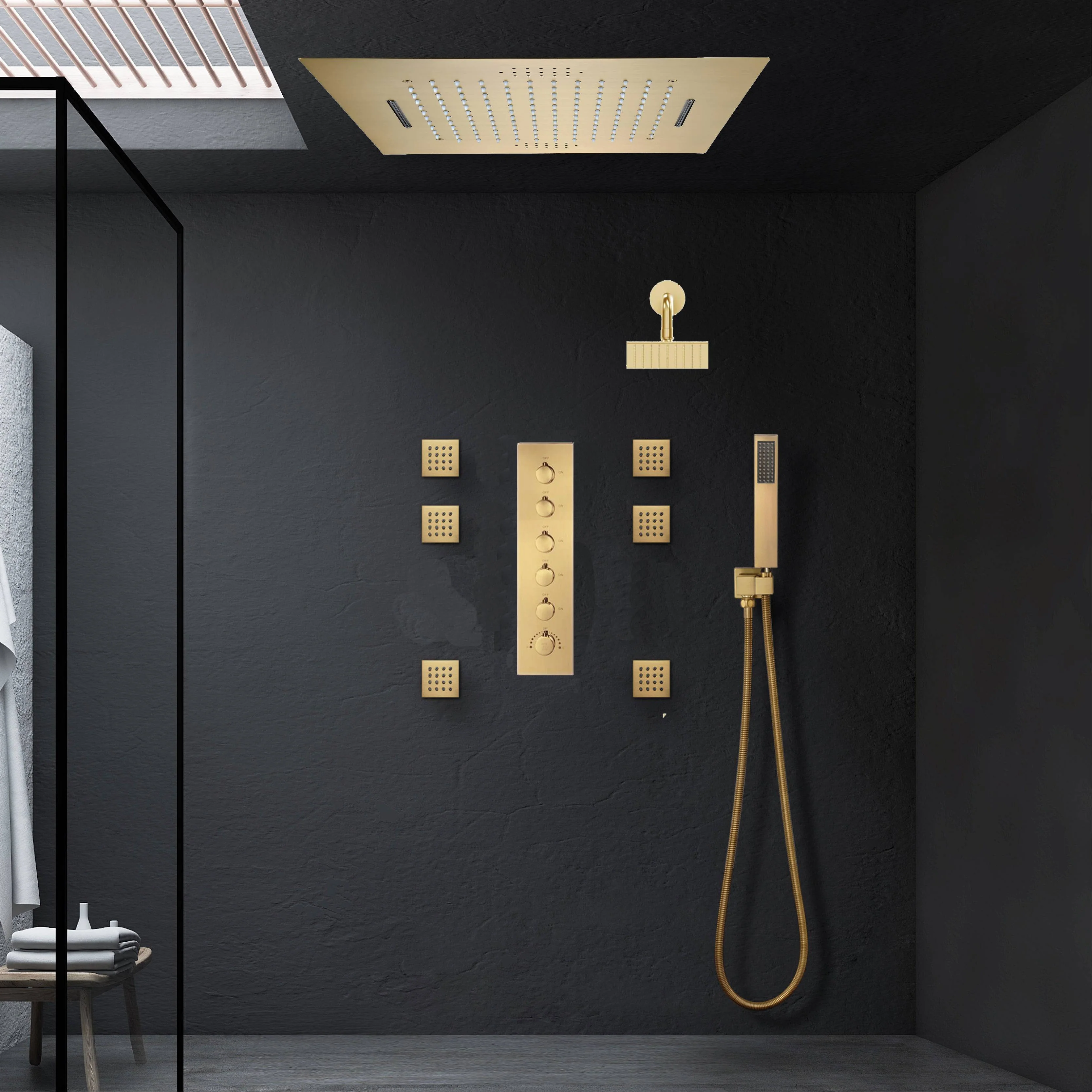 Brushed Gold Music LED Shower System: Flush-In 23'' x 15'' or 20'' x 20'' Shower Head with 5-Way Digital Display Thermostatic Control, Regular Head & Body Sprayers - Image 4