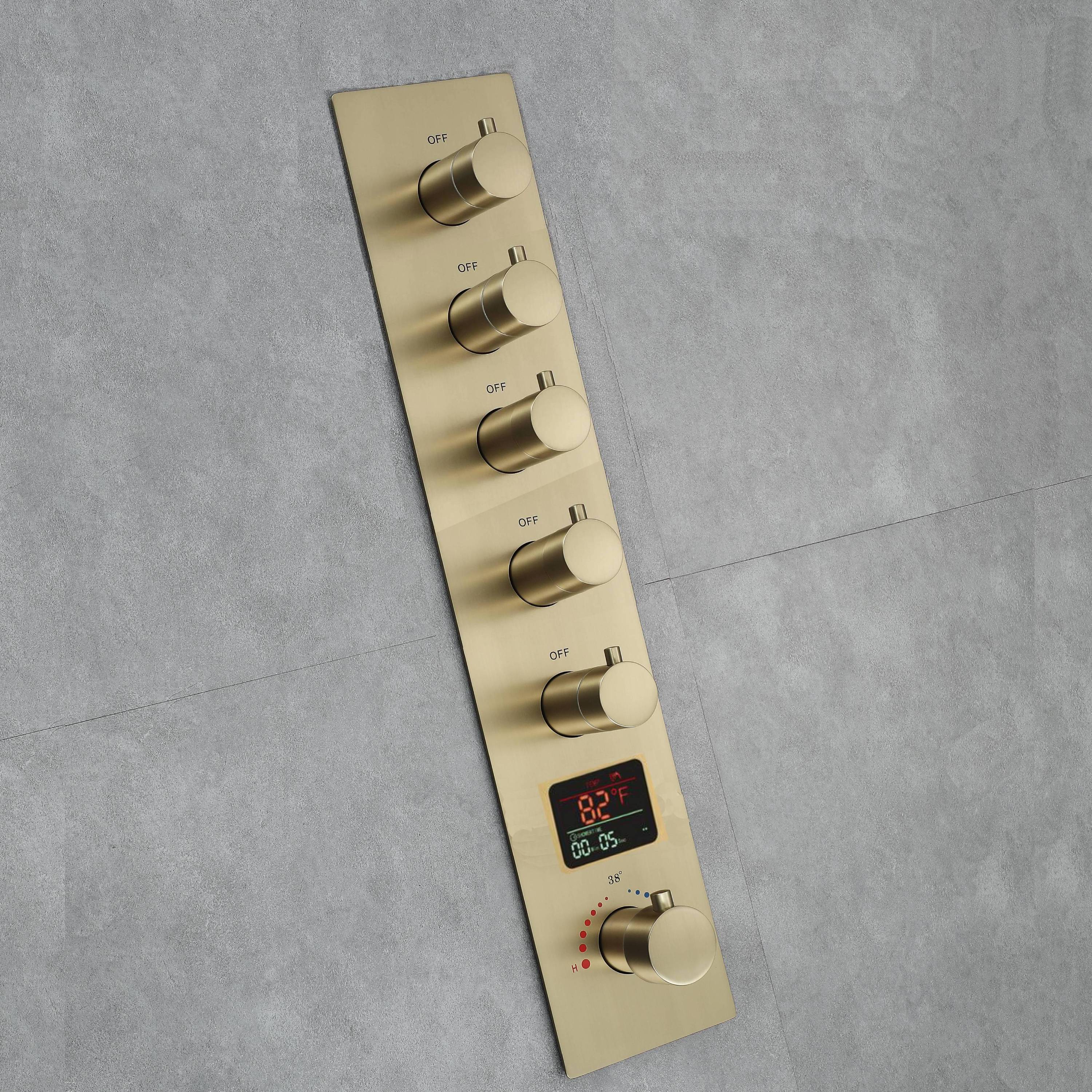 Brushed Gold Music LED Shower System: Flush-In 23'' x 15'' or 20'' x 20'' Shower Head with 5-Way Digital Display Thermostatic Control, Regular Head & Body Sprayers - Image 9