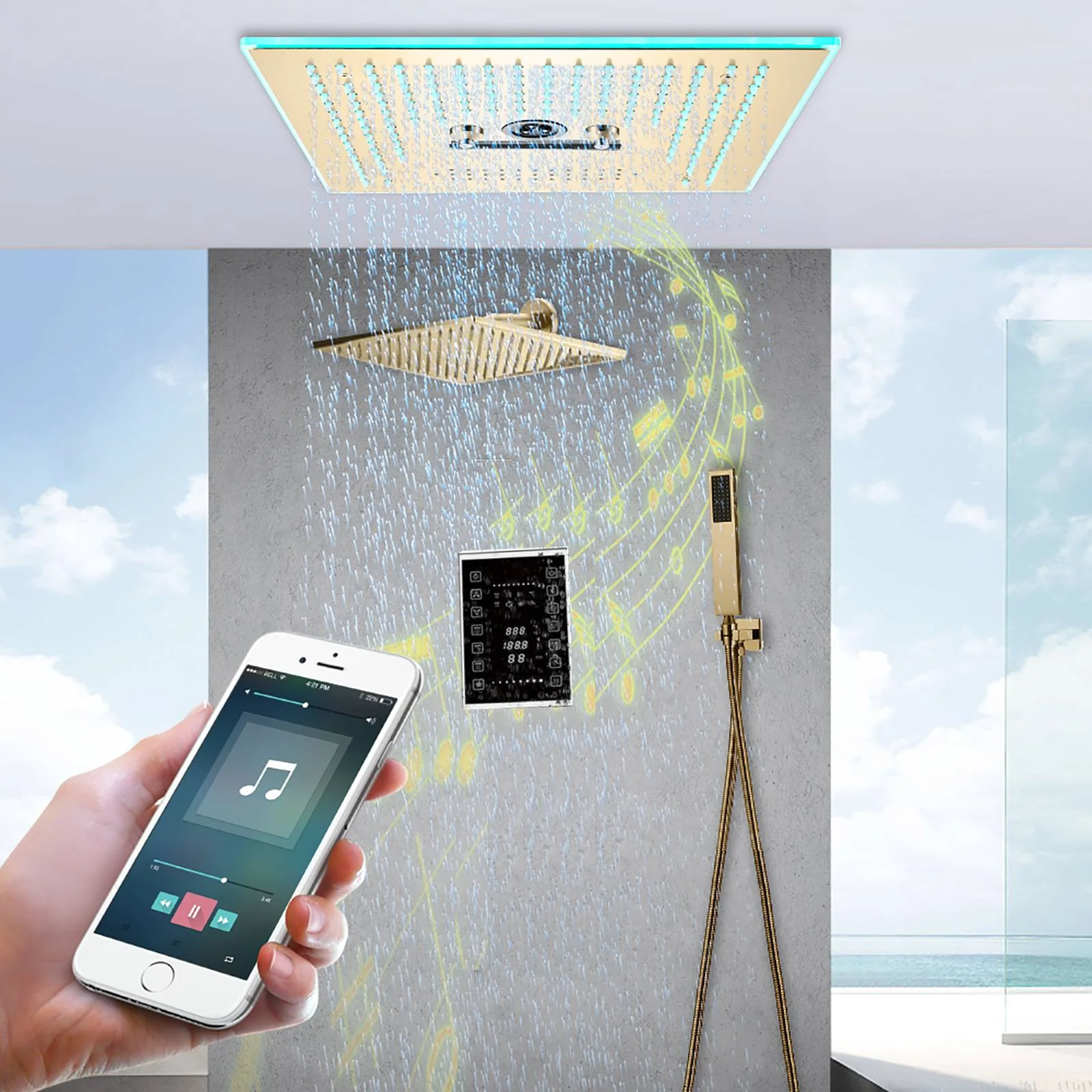 16-Inch Brushed Gold Flush Mount Shower Faucet Set with 6-Way Thermostatic Control, 64-Color LED, Bluetooth Music, Rainfall-Waterfall-Mist Features, Rotating Hydro Jet, and Regular Head - Image 2