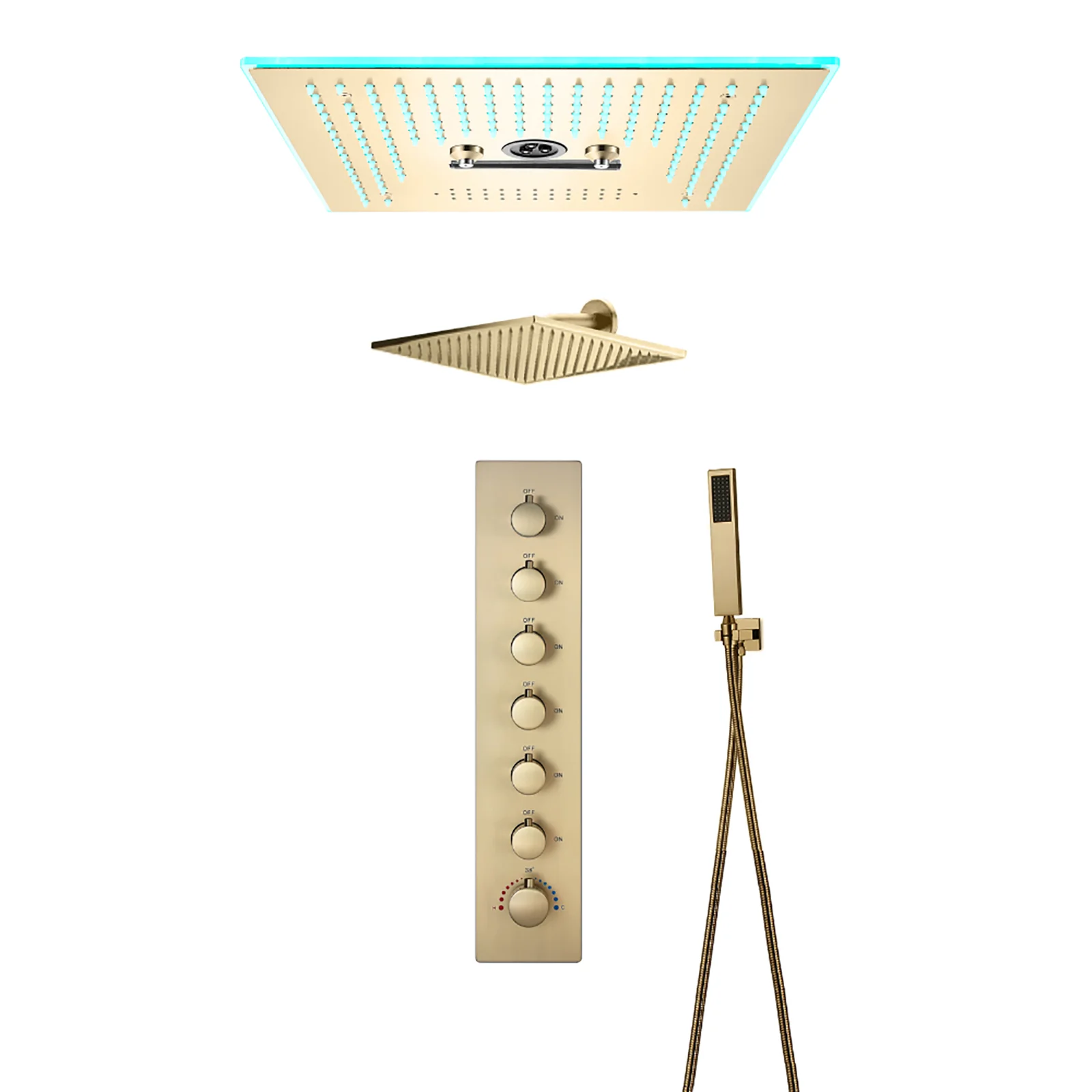 16-Inch Brushed Gold Flush Mount Shower Faucet Set with 6-Way Thermostatic Control, 64-Color LED, Bluetooth Music, Rainfall-Waterfall-Mist Features, Rotating Hydro Jet, and Regular Head - Image 4