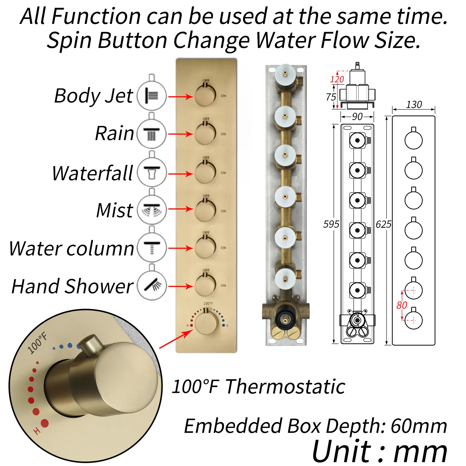 16-Inch Brushed Gold Flush Mount Shower Faucet Set with 6-Way Thermostatic Control, 64-Color LED, Bluetooth Music, Rainfall-Waterfall-Mist Features, Rotating Hydro Jet, and Regular Head - Image 5