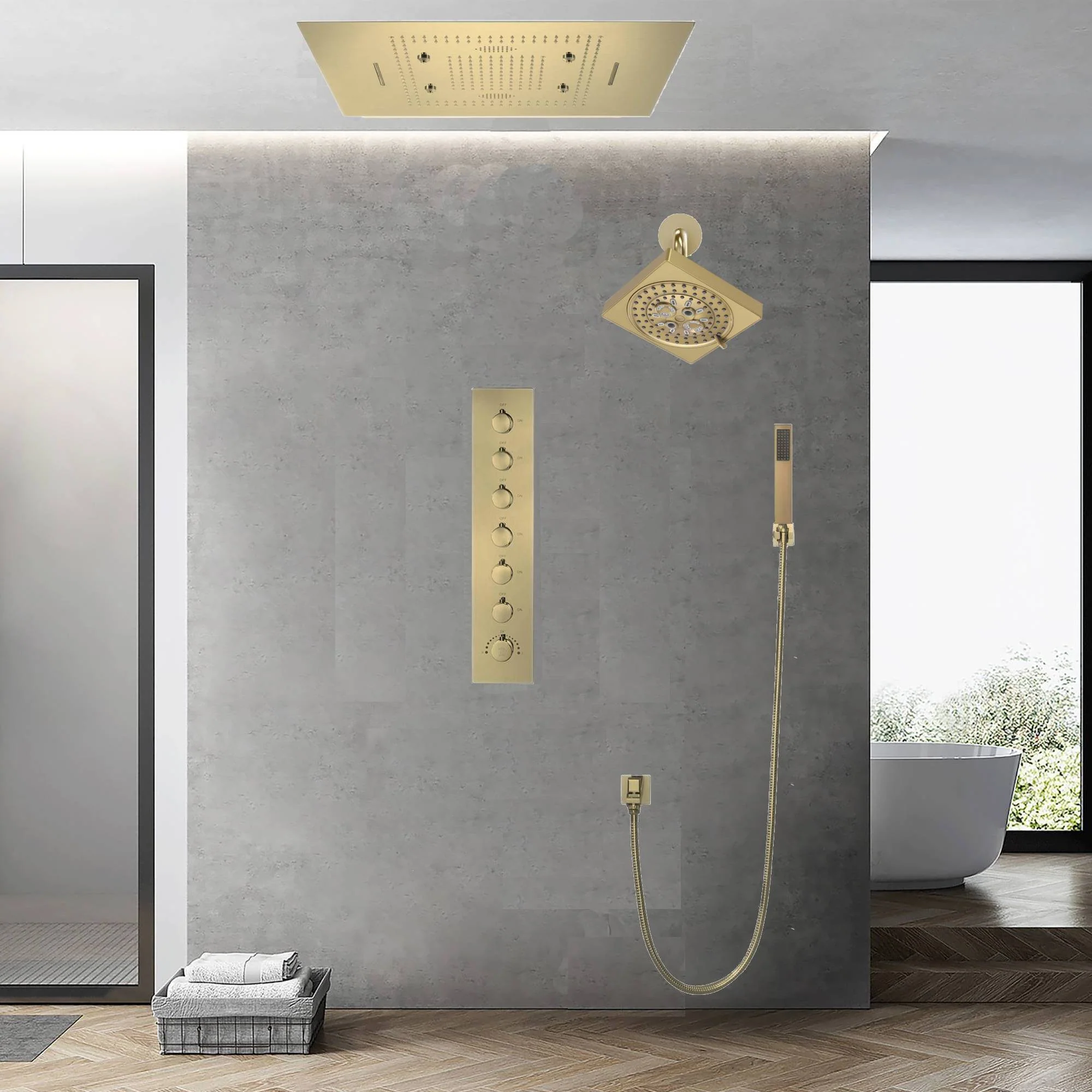 31 x 23-Inch Brushed Gold Flush-Mounted LED Music Shower Head with 6-Way Thermostatic Faucet and Regular Head - Combined or Independent Functionality - Image 3