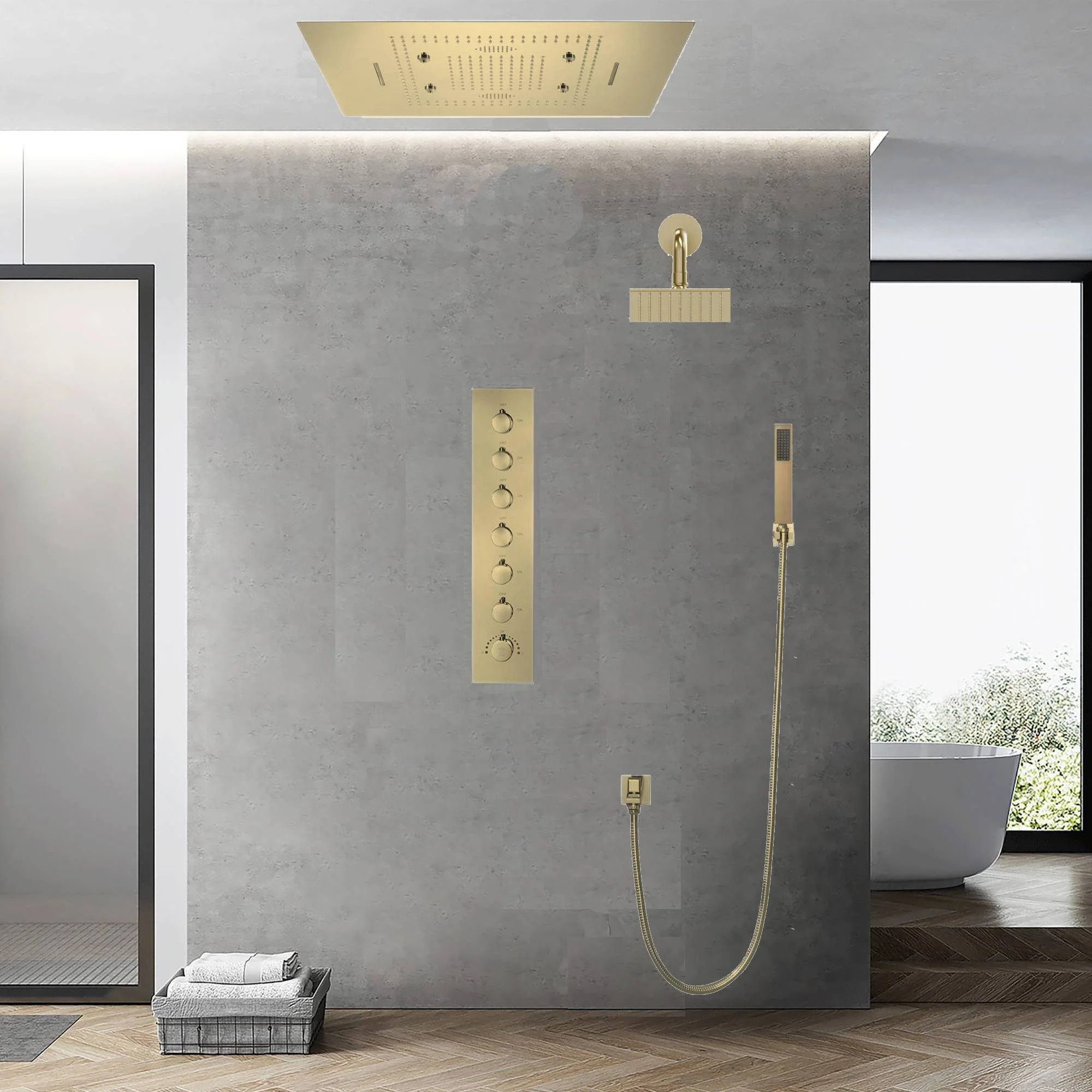 31 x 23-Inch Brushed Gold Flush-Mounted LED Music Shower Head with 6-Way Thermostatic Faucet and Regular Head - Combined or Independent Functionality - Image 4