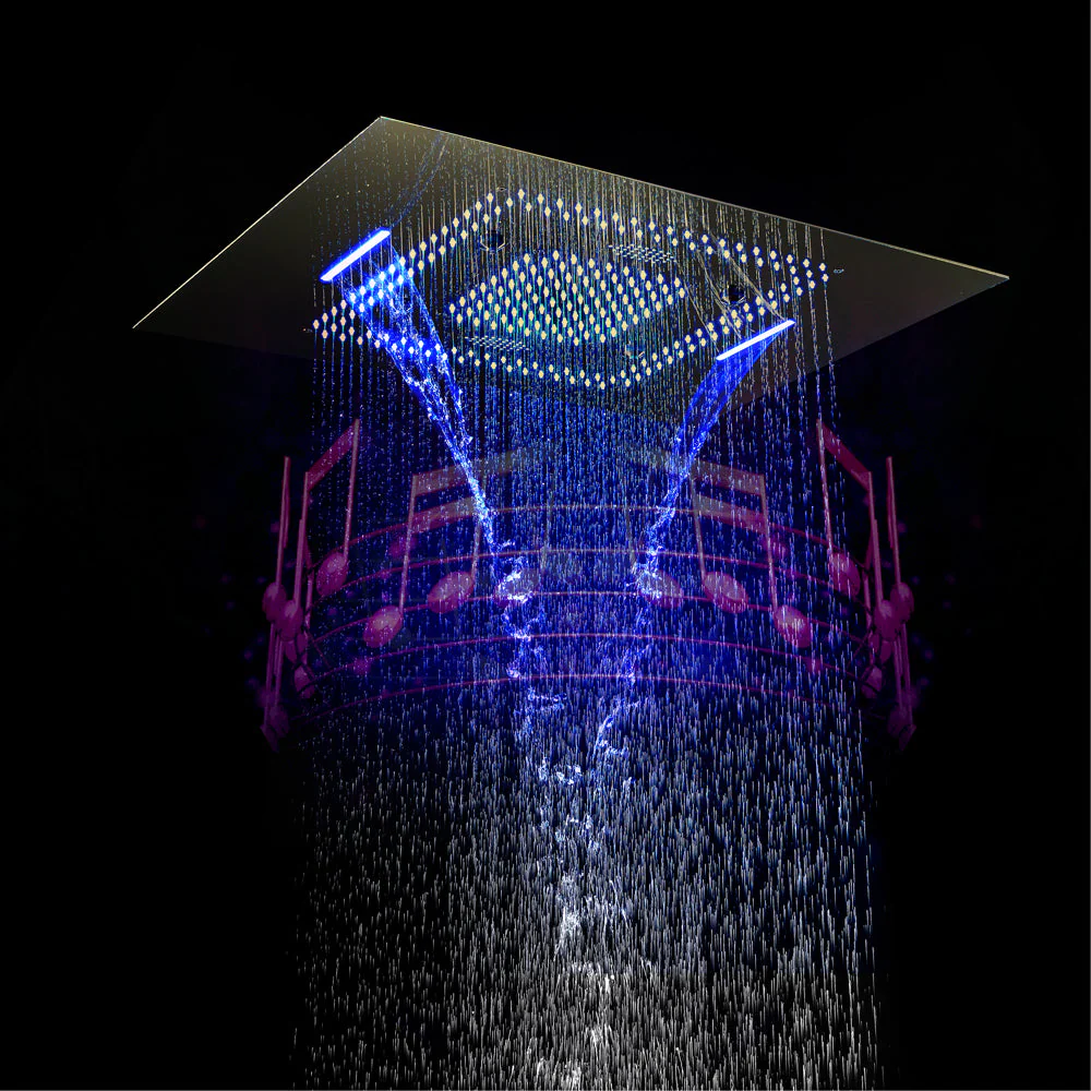31 x 23-Inch Brushed Gold Flush-Mounted LED Music Shower Head with 6-Way Thermostatic Faucet and Regular Head - Combined or Independent Functionality - Image 6