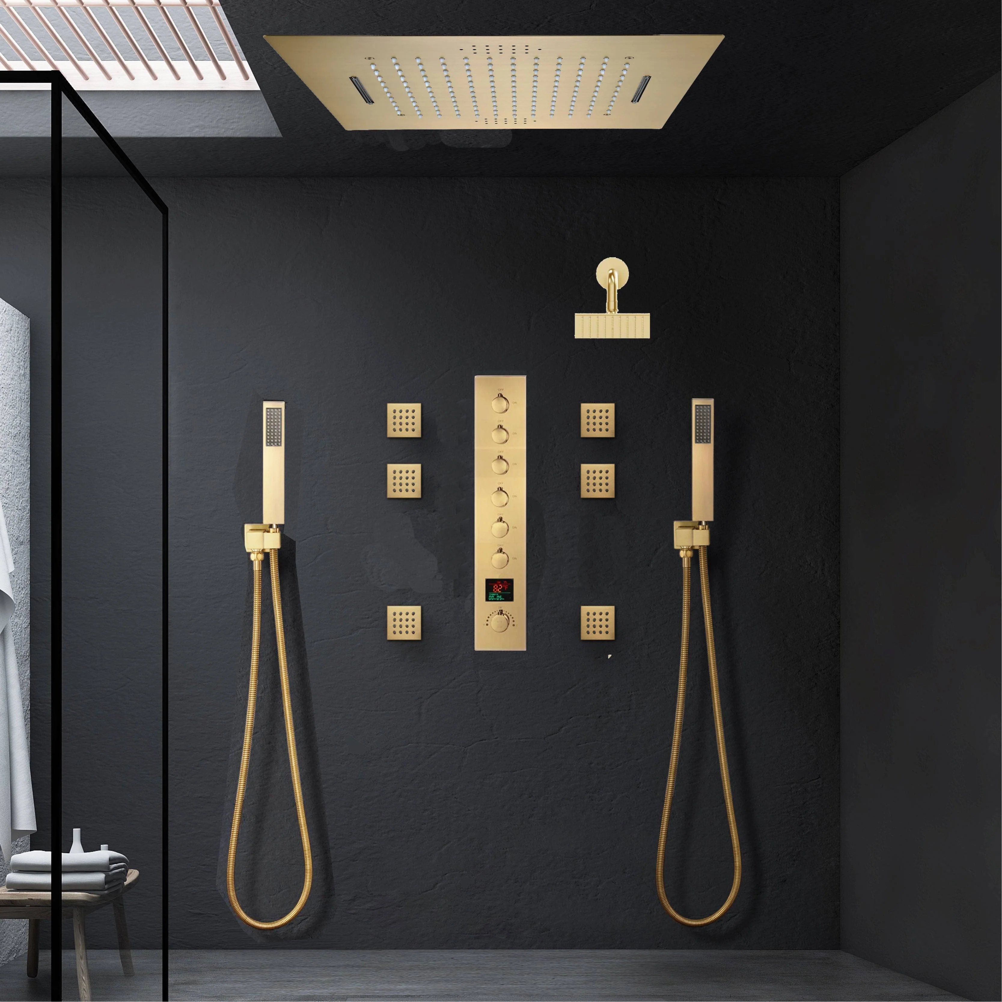 Brushed Gold Music LED Shower System: Flush-In 23'' x 15'' or 20'' x 20'' Shower Head with 6-Way Digital Display Thermostatic Control, Regular Head & Body Sprayers