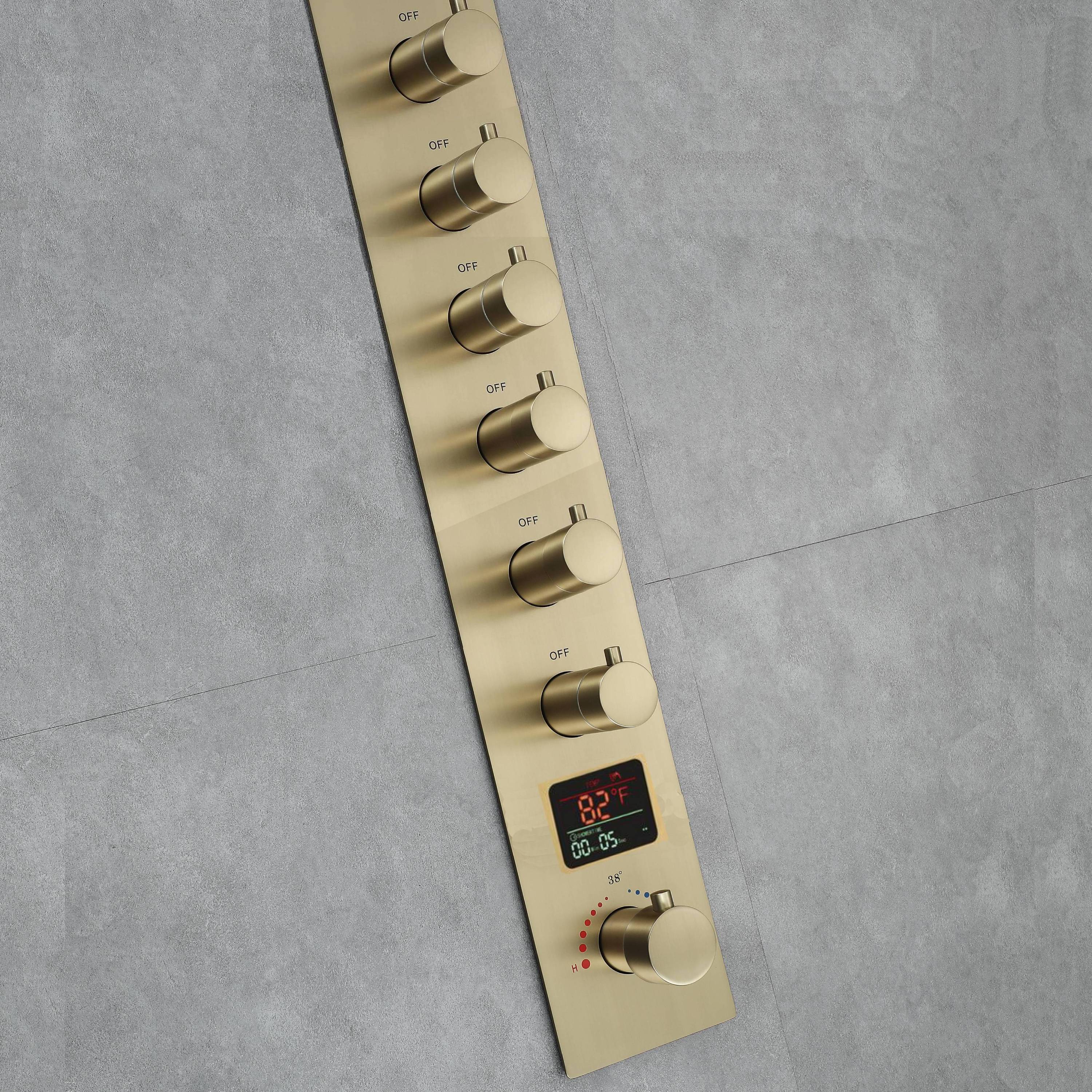 Brushed Gold Music LED Shower System: Flush-In 23'' x 15'' or 20'' x 20'' Shower Head with 6-Way Digital Display Thermostatic Control, Regular Head & Body Sprayers - Image 13