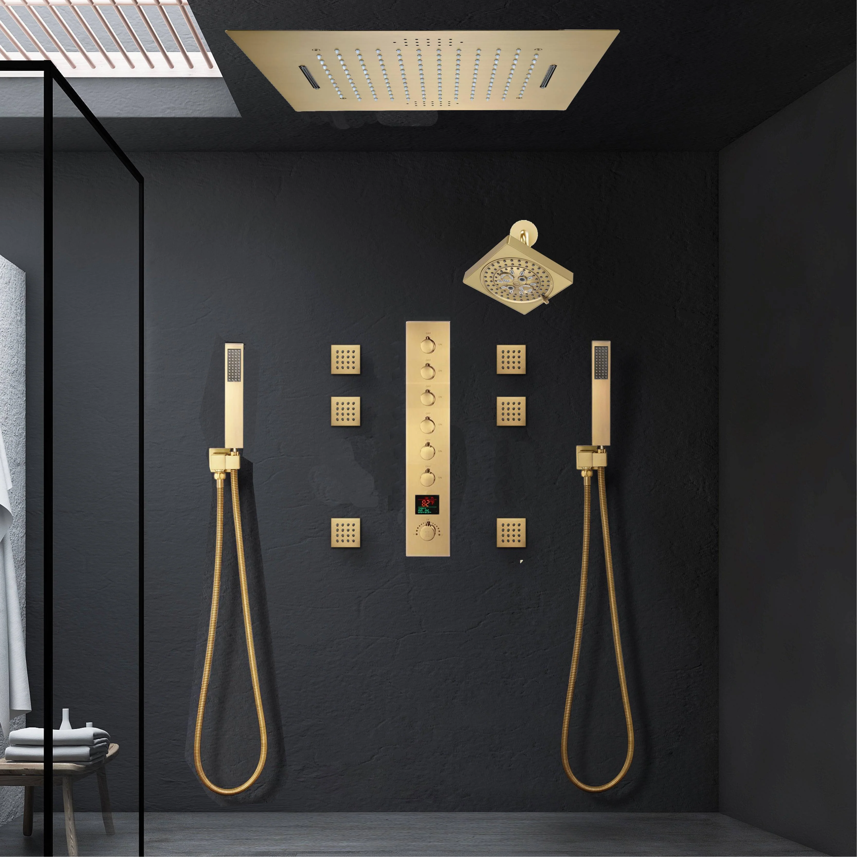 Brushed Gold Music LED Shower System: Flush-In 23'' x 15'' or 20'' x 20'' Shower Head with 6-Way Digital Display Thermostatic Control, Regular Head & Body Sprayers - Image 2