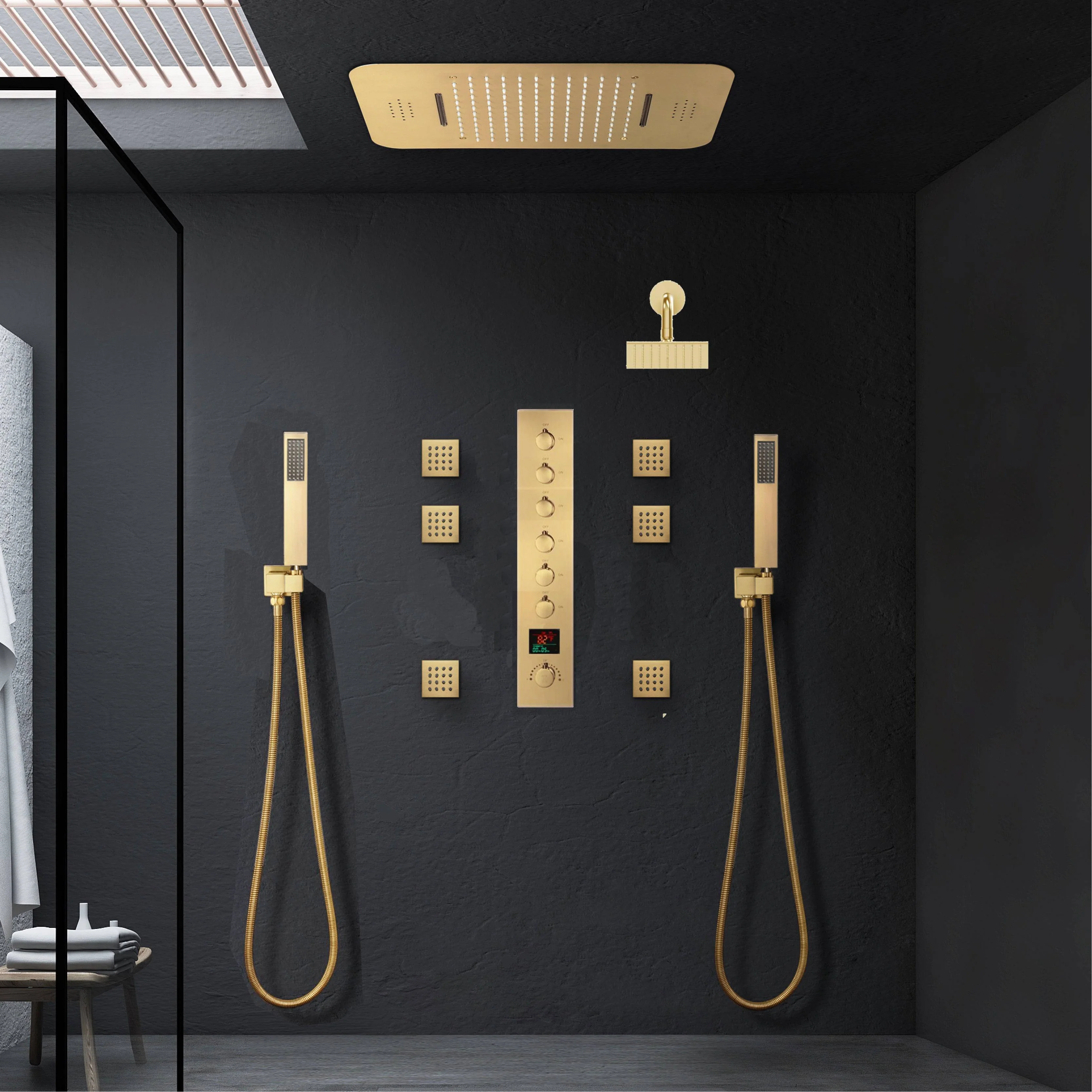 Brushed Gold Music LED Shower System: Flush-In 23'' x 15'' or 20'' x 20'' Shower Head with 6-Way Digital Display Thermostatic Control, Regular Head & Body Sprayers - Image 3