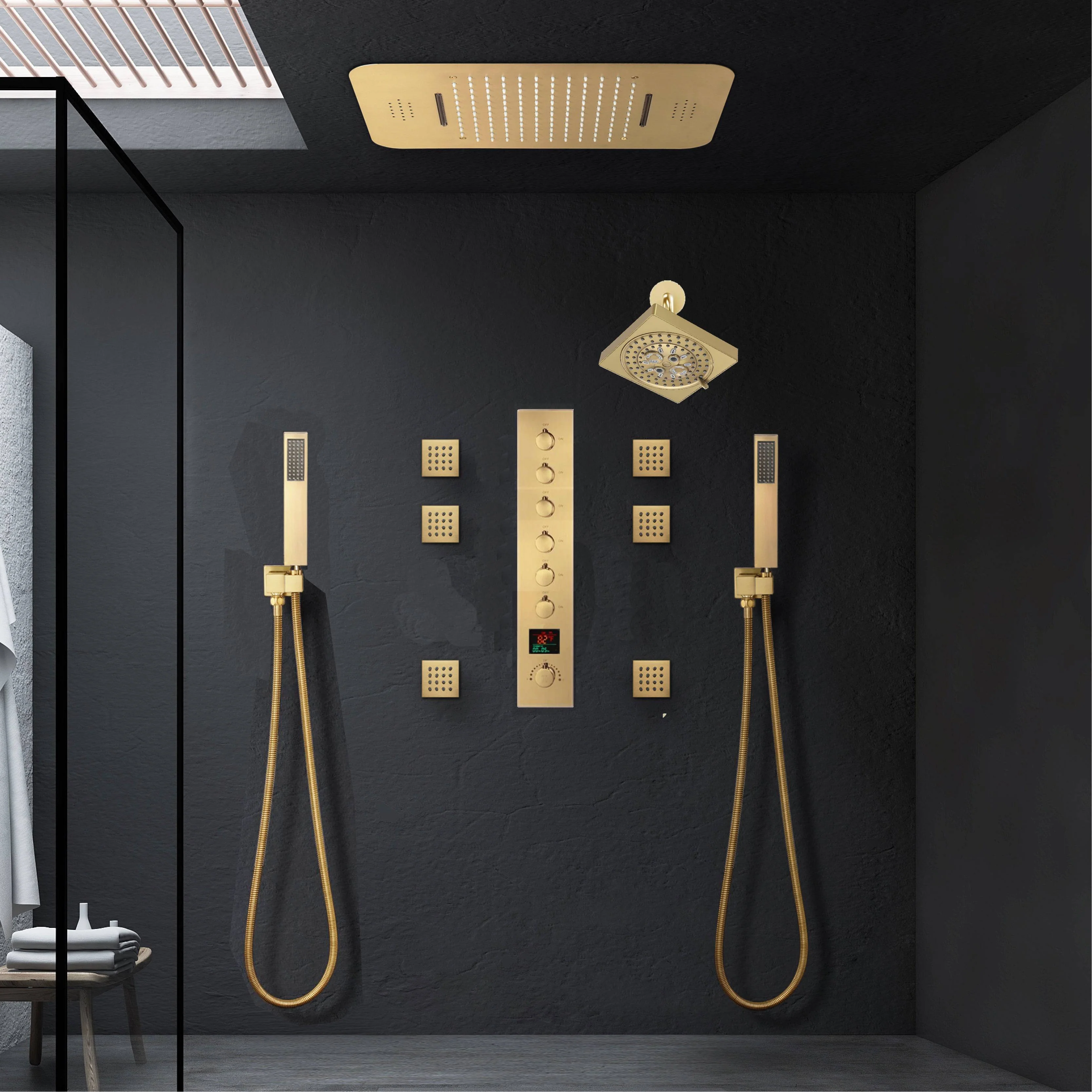 Brushed Gold Music LED Shower System: Flush-In 23'' x 15'' or 20'' x 20'' Shower Head with 6-Way Digital Display Thermostatic Control, Regular Head & Body Sprayers - Image 4