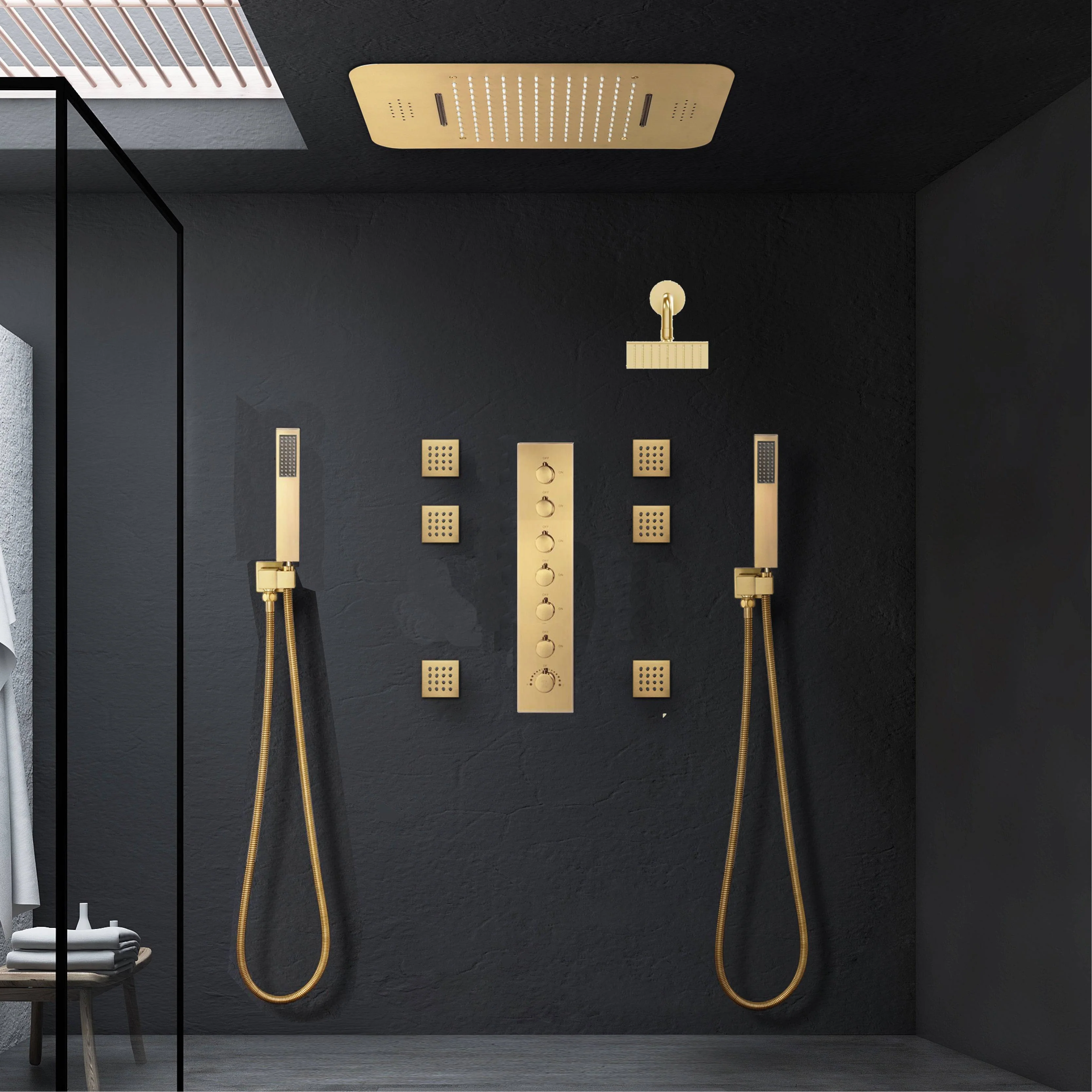 Brushed Gold Music LED Shower System: Flush-In 23'' x 15'' or 20'' x 20'' Shower Head with 6-Way Digital Display Thermostatic Control, Regular Head & Body Sprayers - Image 5