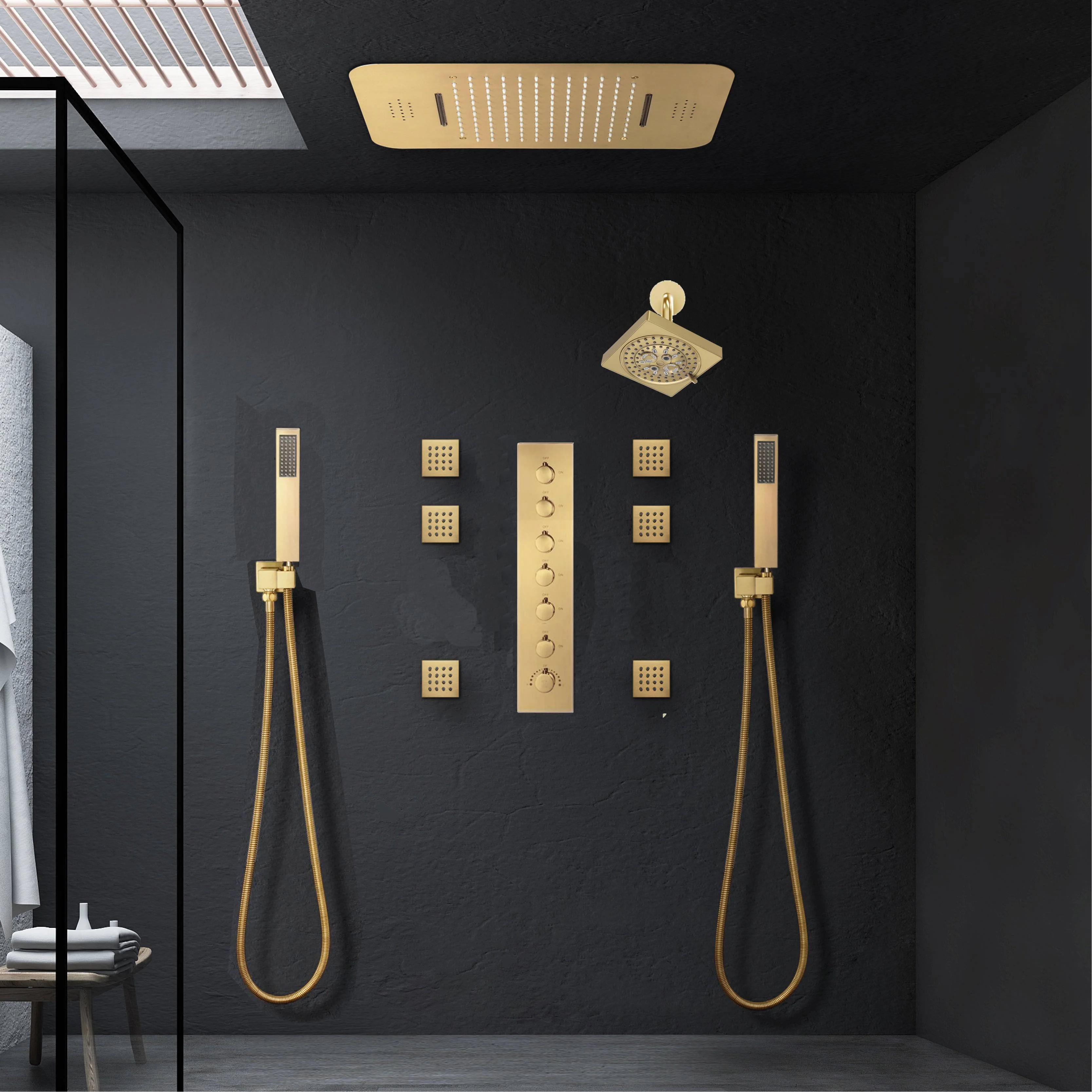 Brushed Gold Music LED Shower System: Flush-In 23'' x 15'' or 20'' x 20'' Shower Head with 6-Way Digital Display Thermostatic Control, Regular Head & Body Sprayers - Image 6