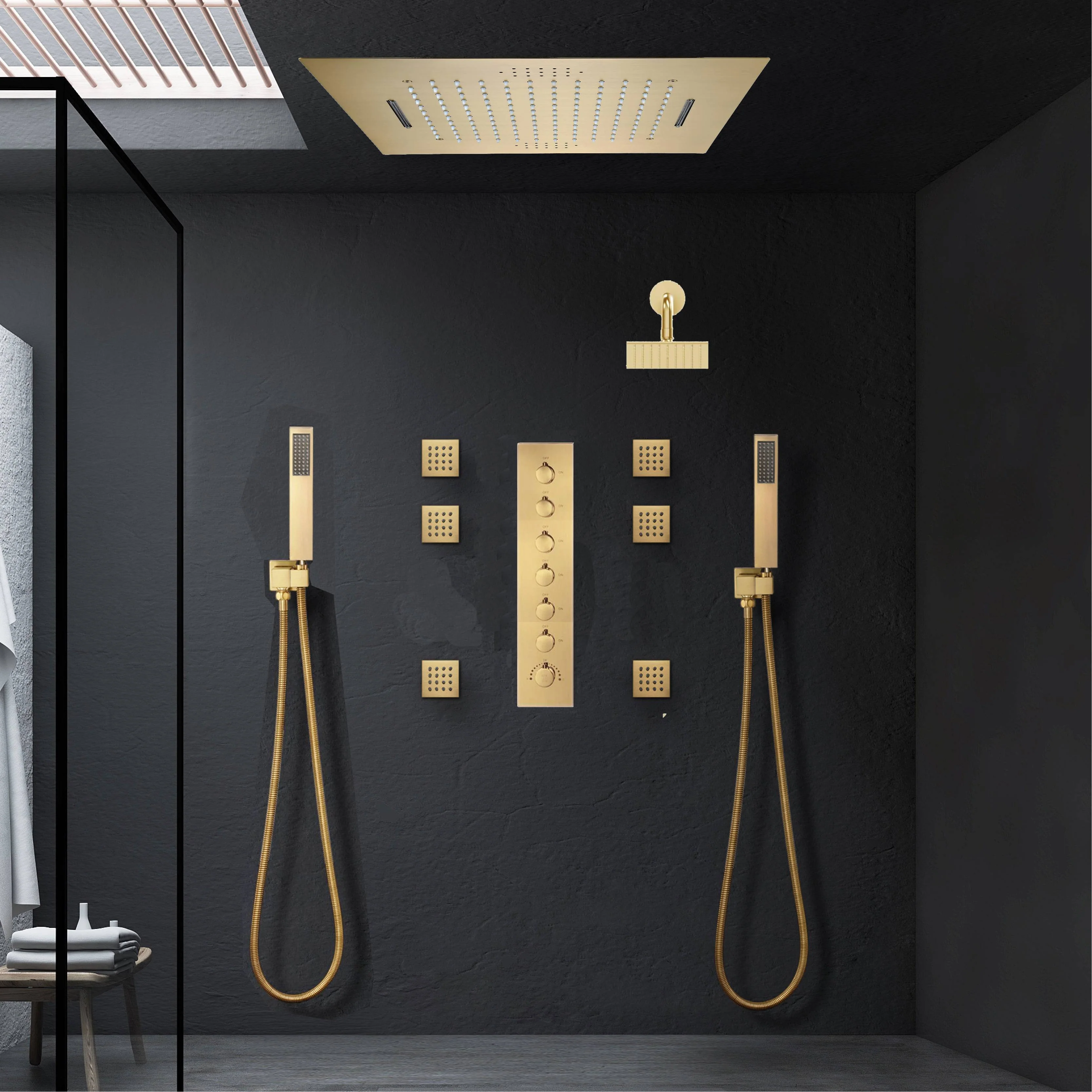 Brushed Gold Music LED Shower System: Flush-In 23'' x 15'' or 20'' x 20'' Shower Head with 6-Way Digital Display Thermostatic Control, Regular Head & Body Sprayers - Image 7