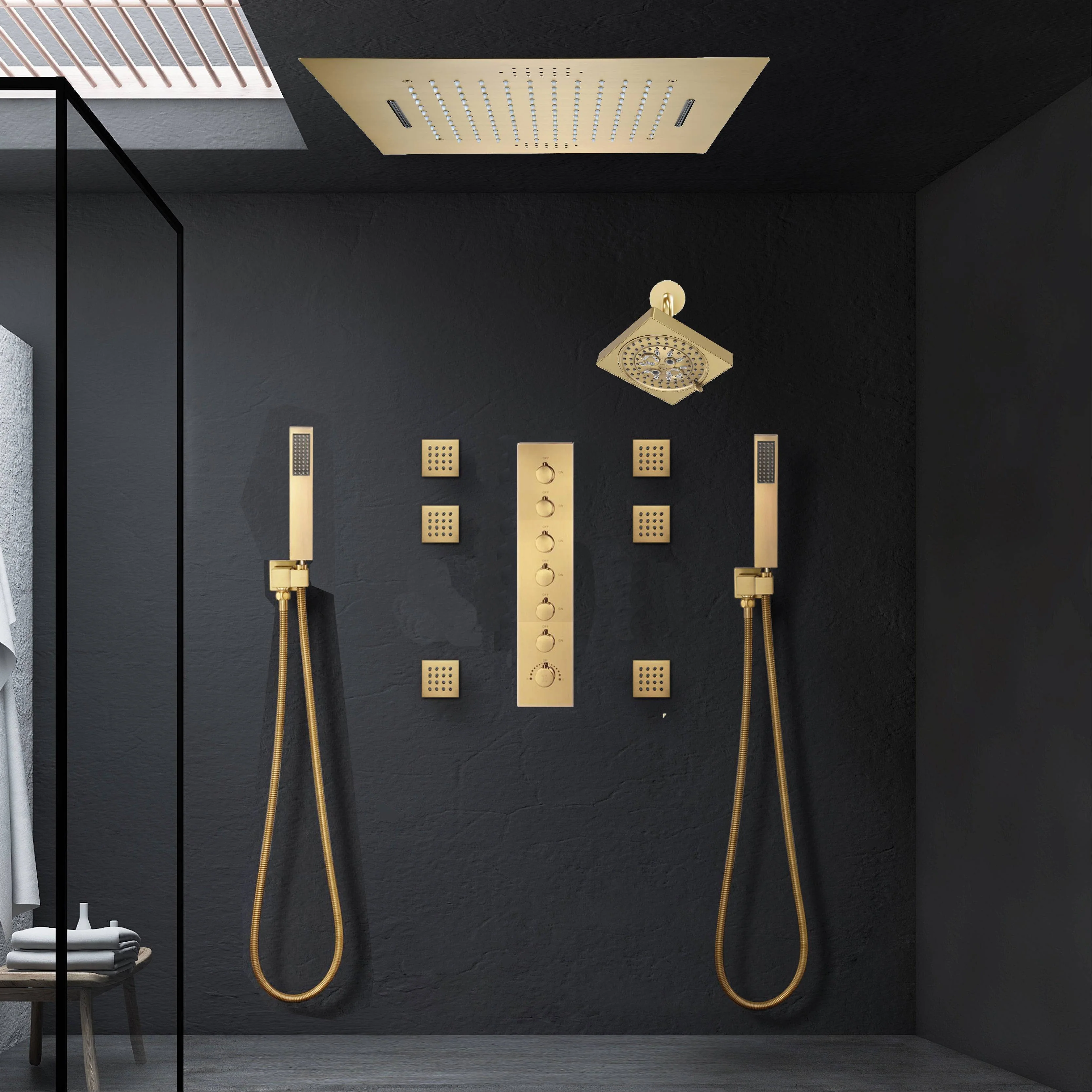Brushed Gold Music LED Shower System: Flush-In 23'' x 15'' or 20'' x 20'' Shower Head with 6-Way Digital Display Thermostatic Control, Regular Head & Body Sprayers - Image 8