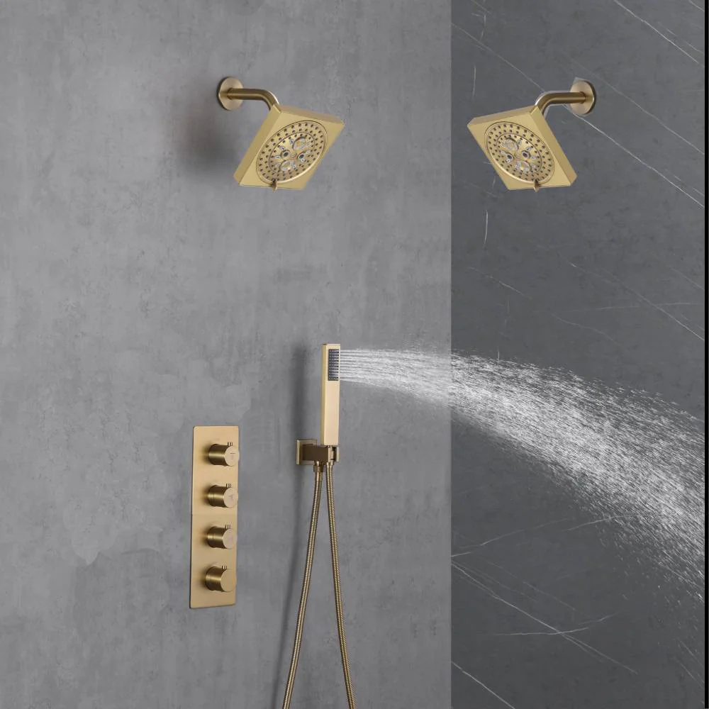 Brushed Gold Wall-Mounted 3-Way Thermostatic Shower System: Dual Regular Heads with Simultaneous and Independent Functionality - Image 2