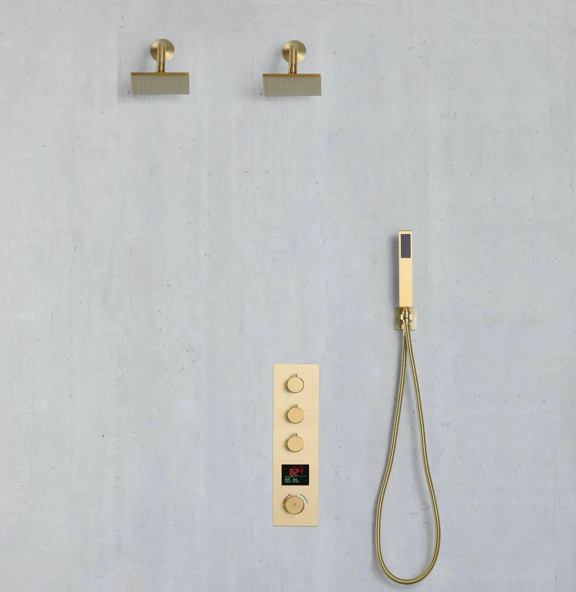 Brushed Gold Wall-Mounted 3-Way Thermostatic Shower System: Dual Regular Heads with Simultaneous and Independent Functionality - Image 3