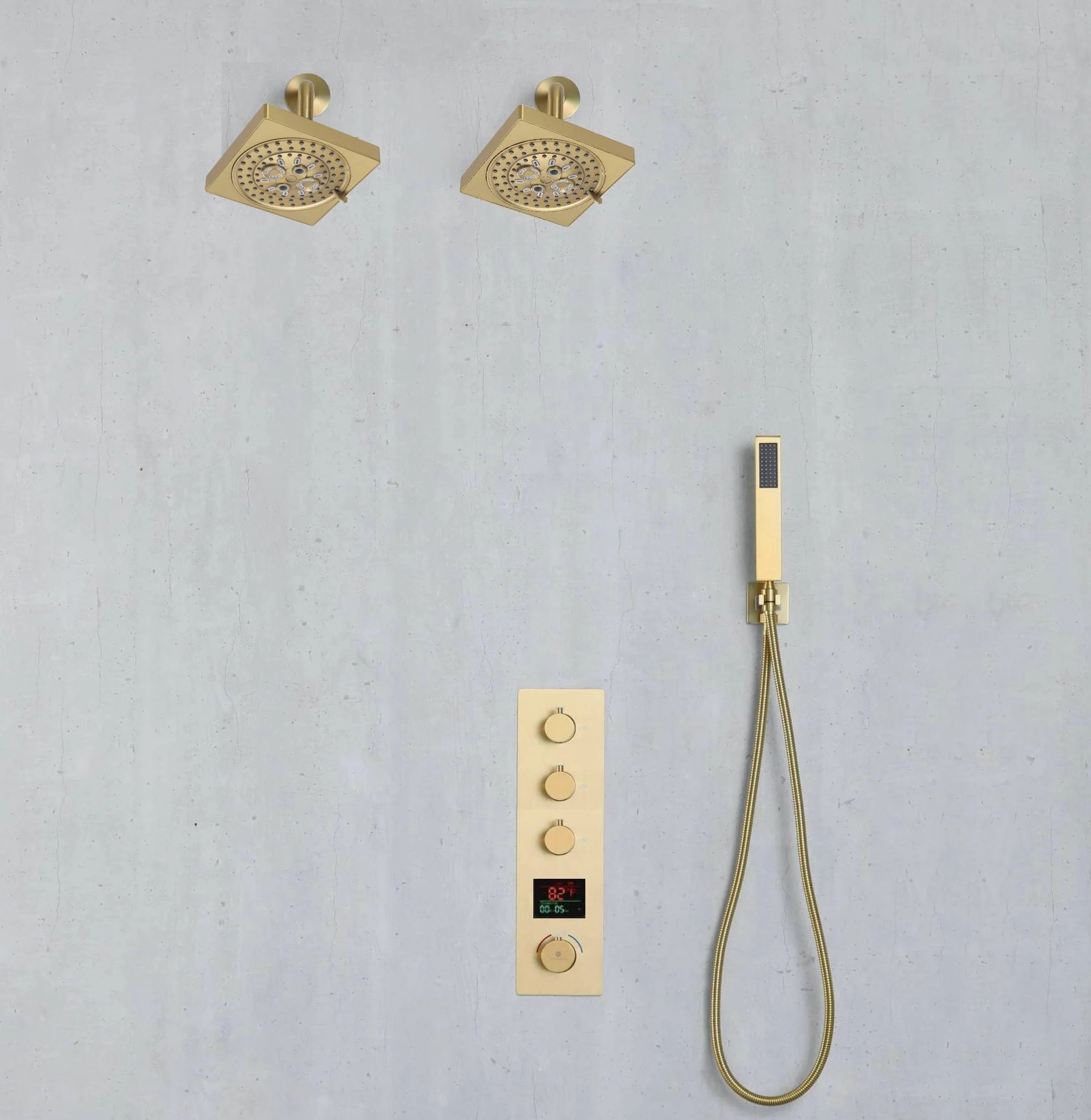Brushed Gold Wall-Mounted 3-Way Thermostatic Shower System: Dual Regular Heads with Simultaneous and Independent Functionality - Image 4
