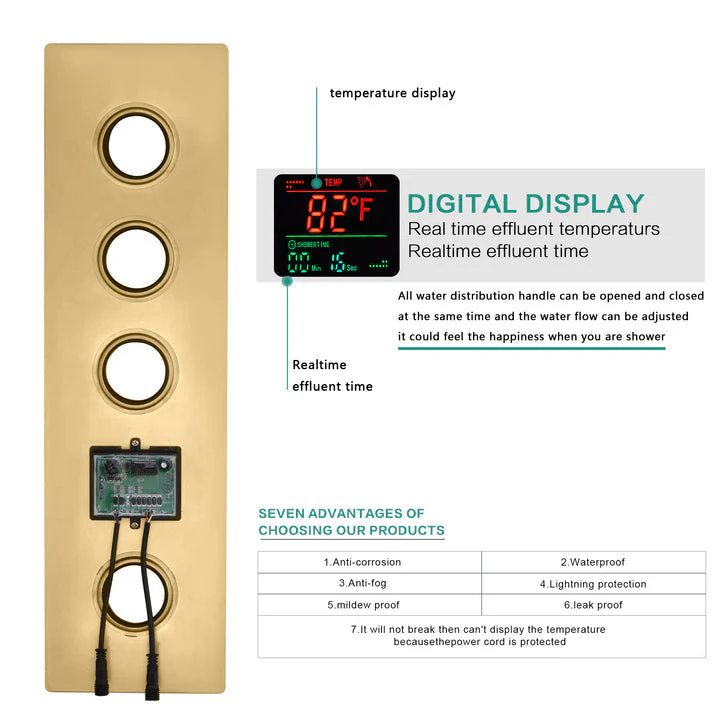 Brushed Gold Wall-Mounted 3-Way Thermostatic Shower System: Dual Regular Heads with Simultaneous and Independent Functionality - Image 5