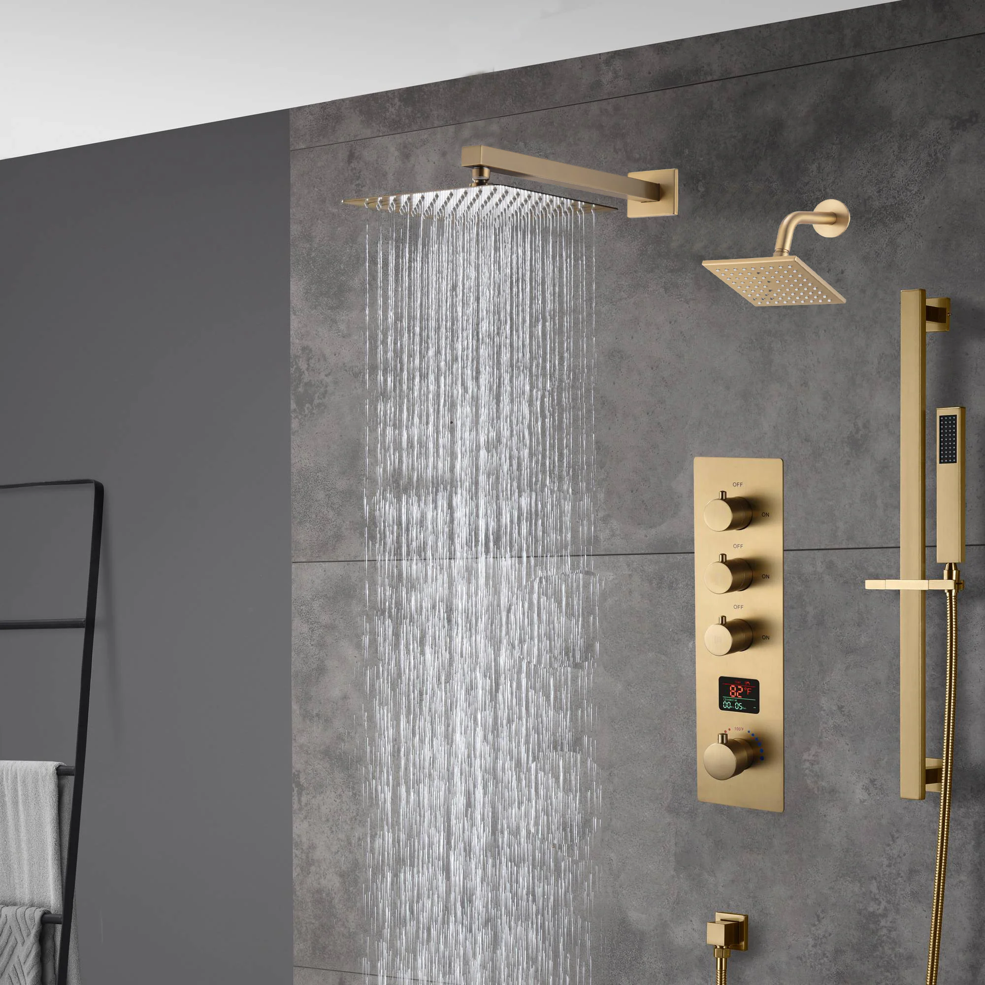 Brushed Gold rainfall shower head high pressure shower head 3 way digital display thermostatic valve shower heads systems each function work at the same time and separately - Image 2