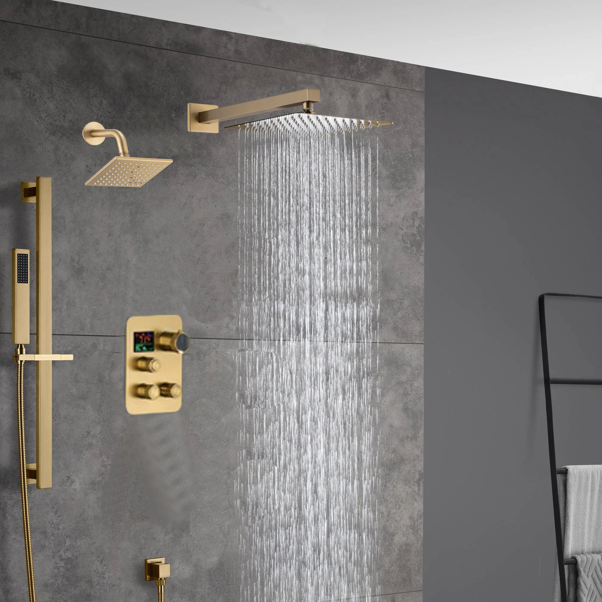 Brushed Gold rainfall shower head high pressure shower head 3 way digital display thermostatic valve shower heads systems each function work at the same time and separately - Image 4