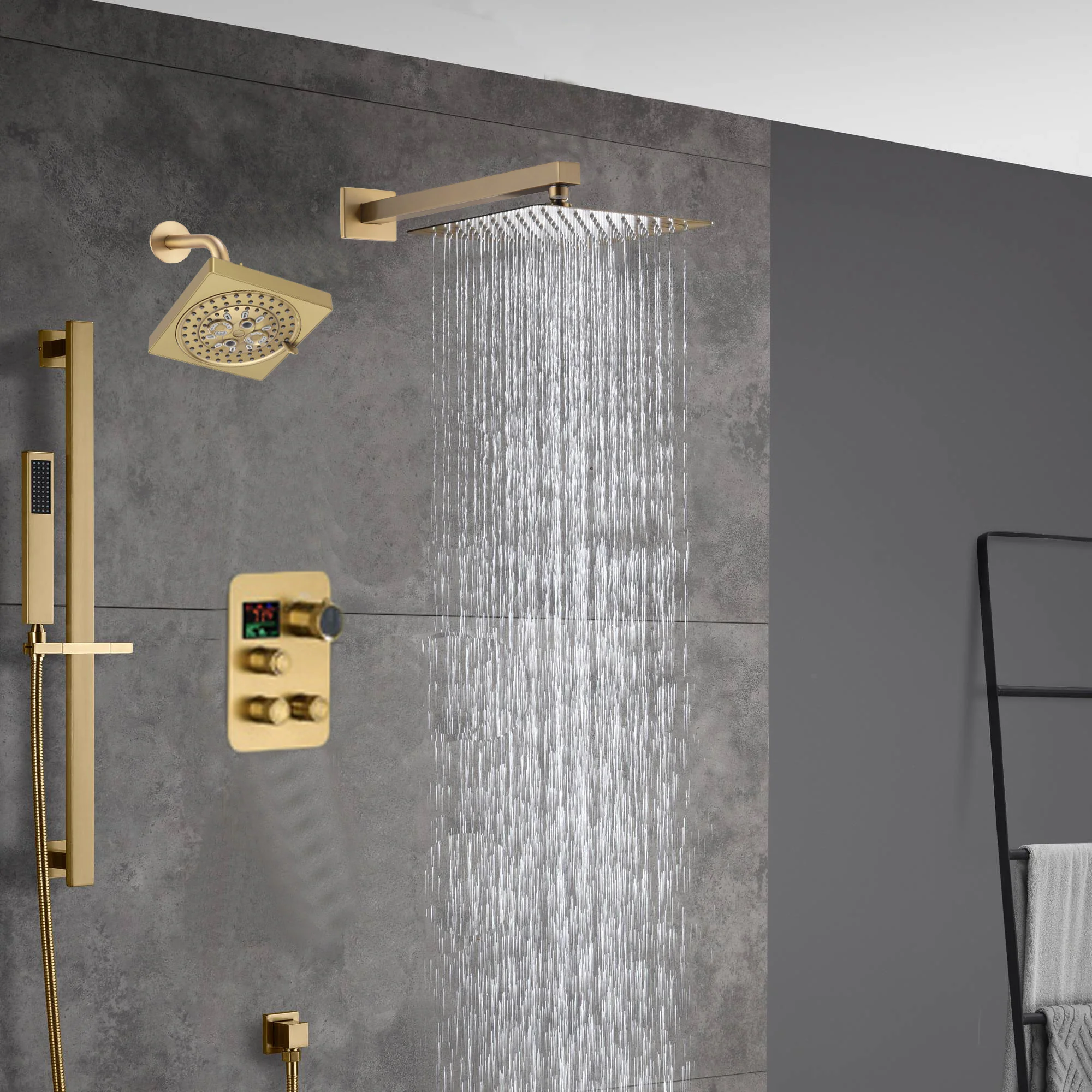 Brushed Gold rainfall shower head high pressure shower head 3 way digital display thermostatic valve shower heads systems each function work at the same time and separately - Image 5
