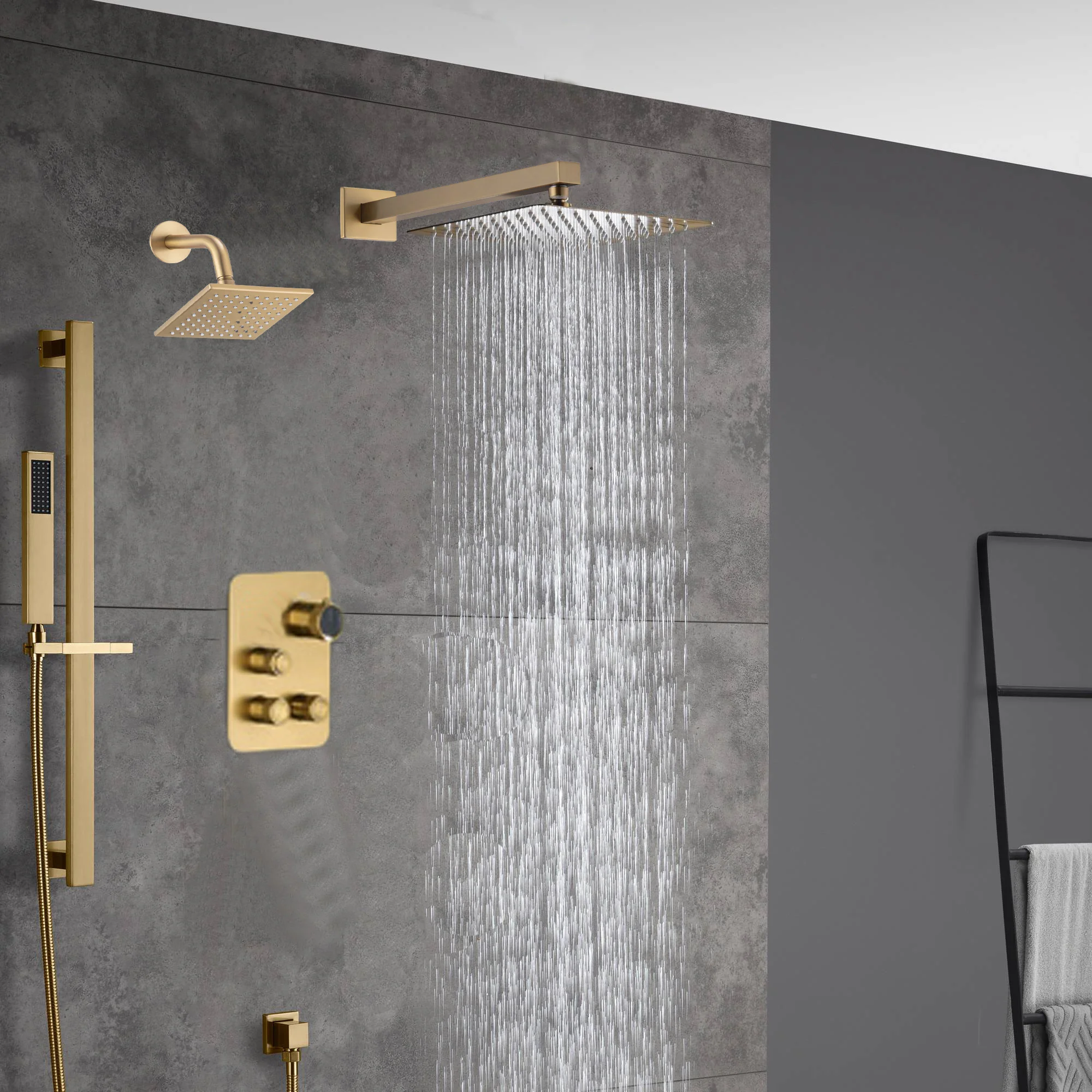 Brushed Gold rainfall shower head high pressure shower head 3 way digital display thermostatic valve shower heads systems each function work at the same time and separately - Image 6