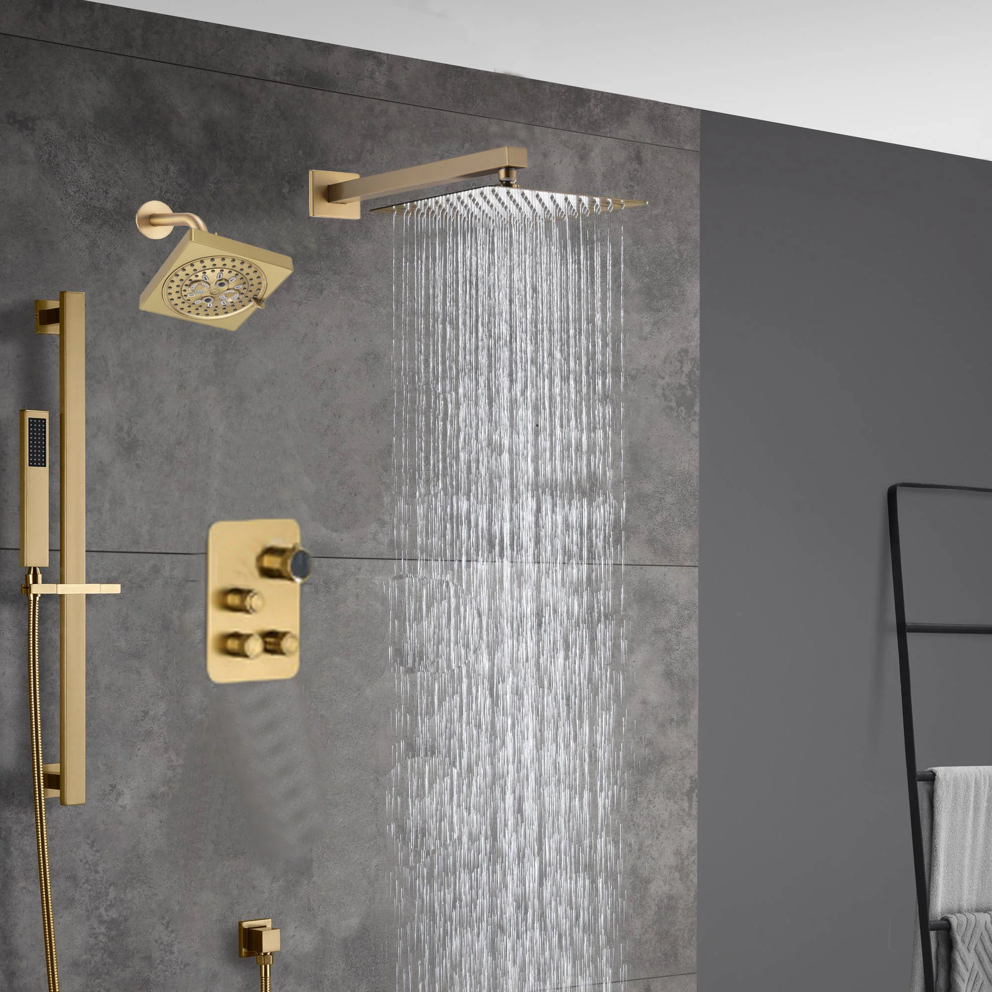 Brushed Gold rainfall shower head high pressure shower head 3 way digital display thermostatic valve shower heads systems each function work at the same time and separately - Image 7