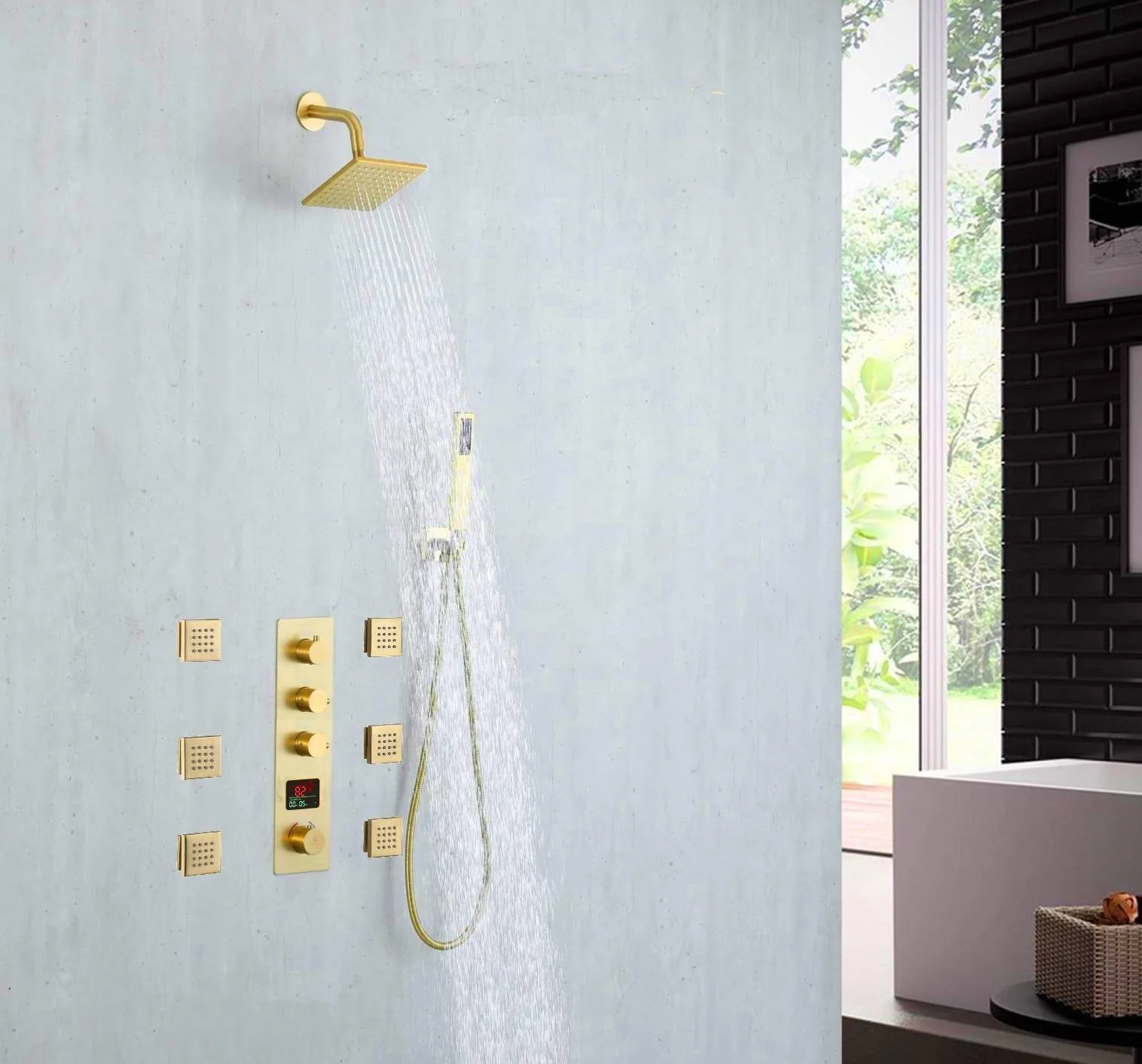 Brushed Gold 3-Way Digital Display Thermostatic Shower System: Featuring Body Jets and a 6-Inch Regular Head with Independent and Simultaneous Functionality - Image 11
