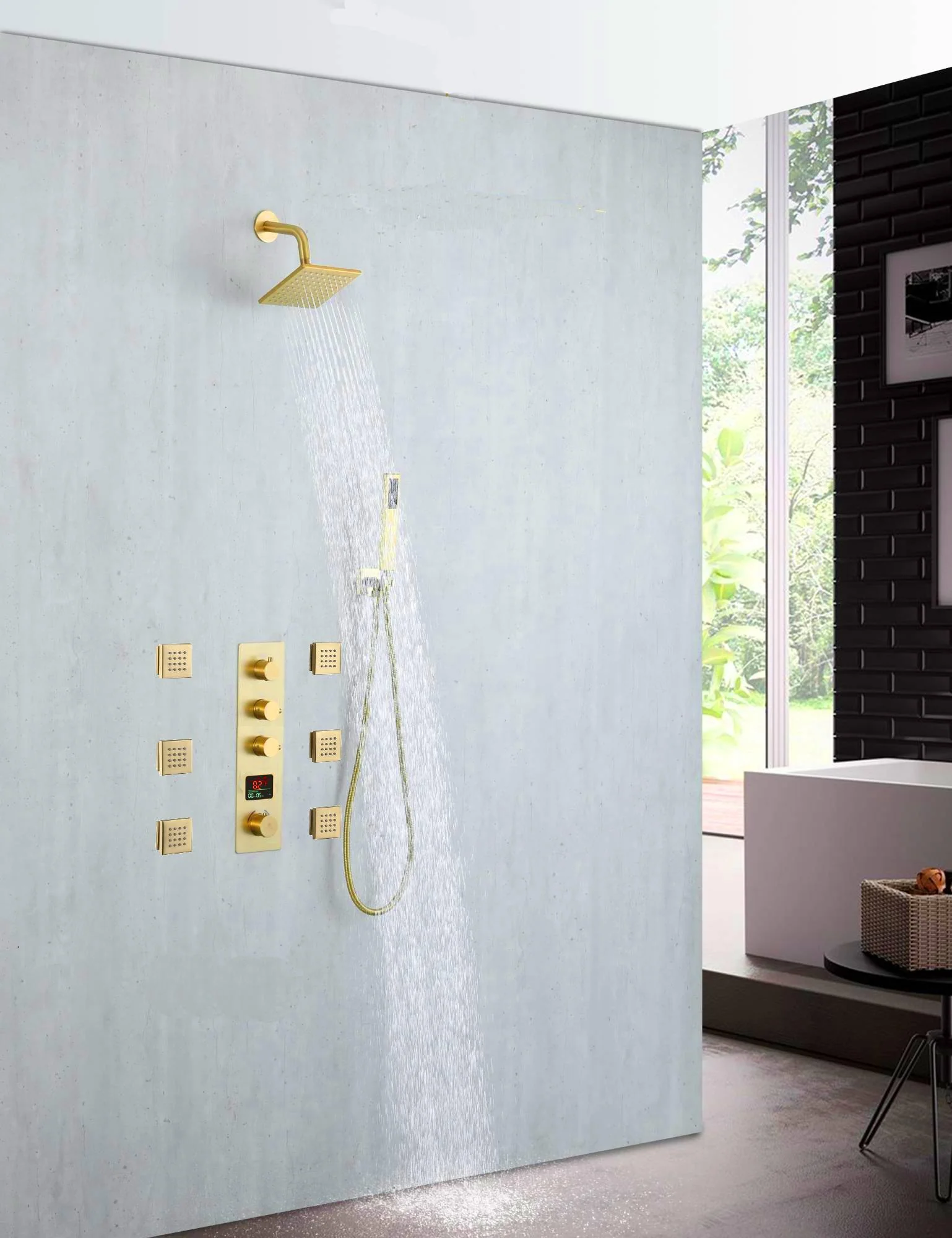 Brushed Gold 3-Way Digital Display Thermostatic Shower System: Featuring Body Jets and a 6-Inch Regular Head with Independent and Simultaneous Functionality - Image 12