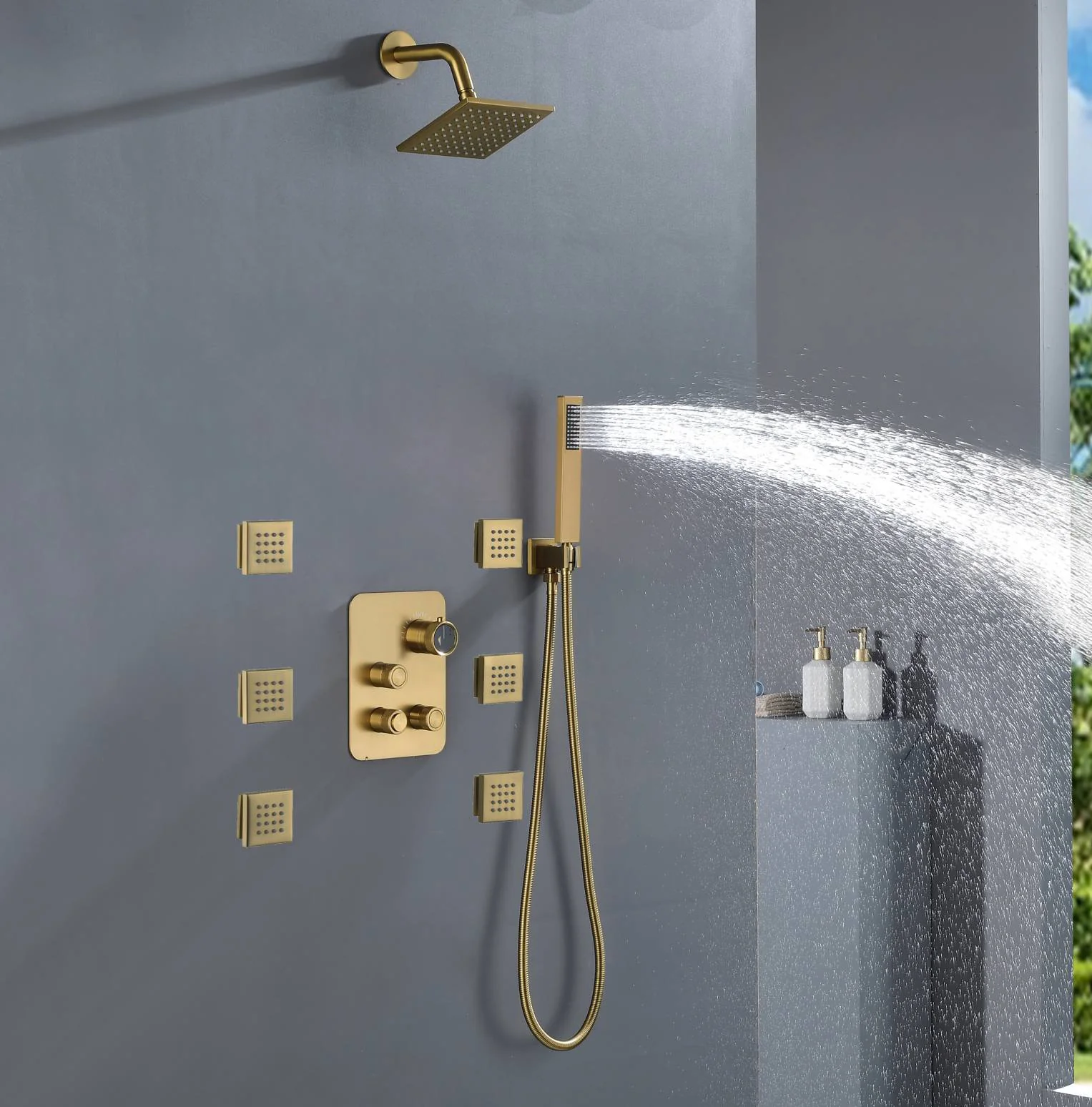 Brushed Gold 3-Way Digital Display Thermostatic Shower System: Featuring Body Jets and a 6-Inch Regular Head with Independent and Simultaneous Functionality - Image 3