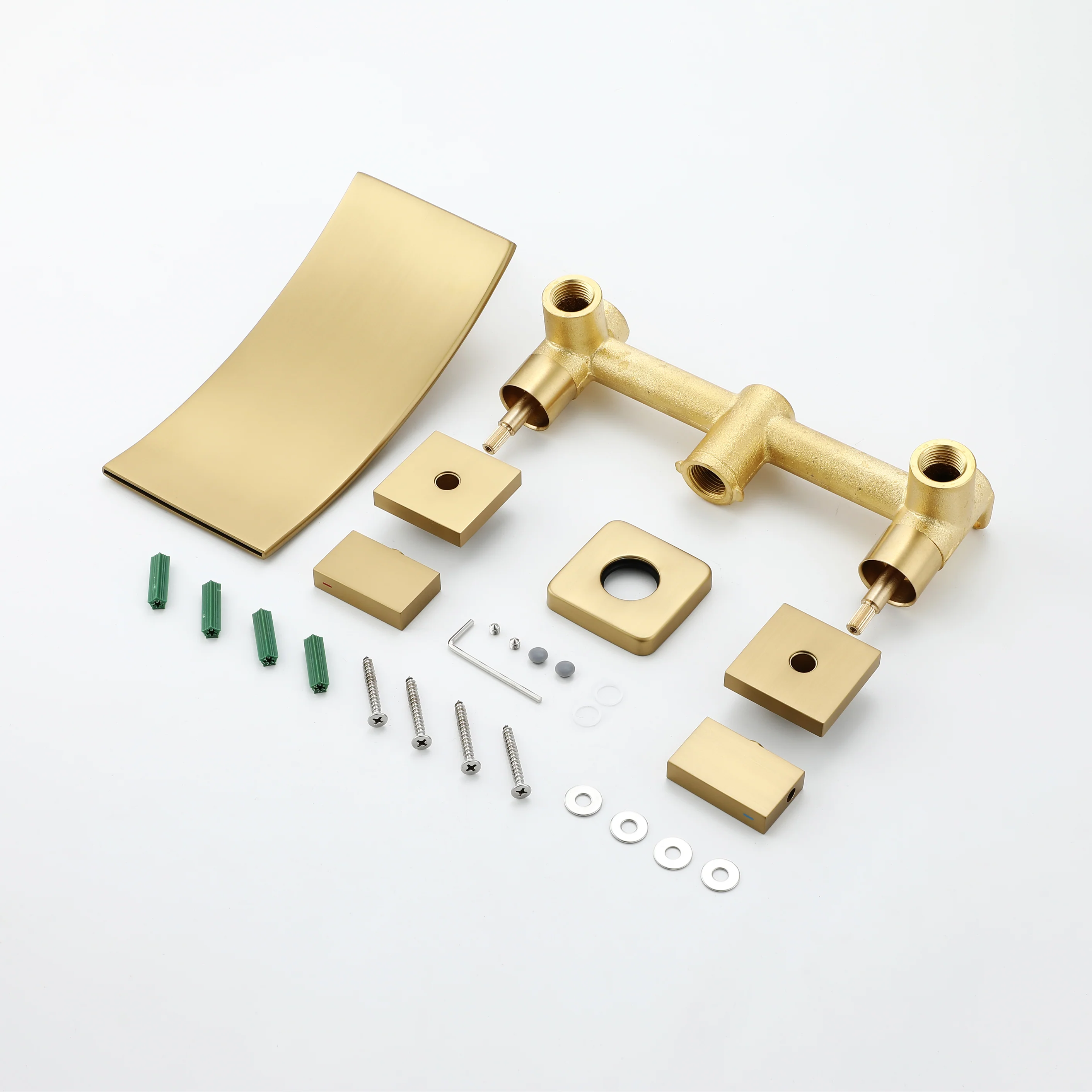 Brushed Gold Wall Mount Waterfall Bathroom Sink Faucet with Overflow Brass Pop-Up Drain - Image 10