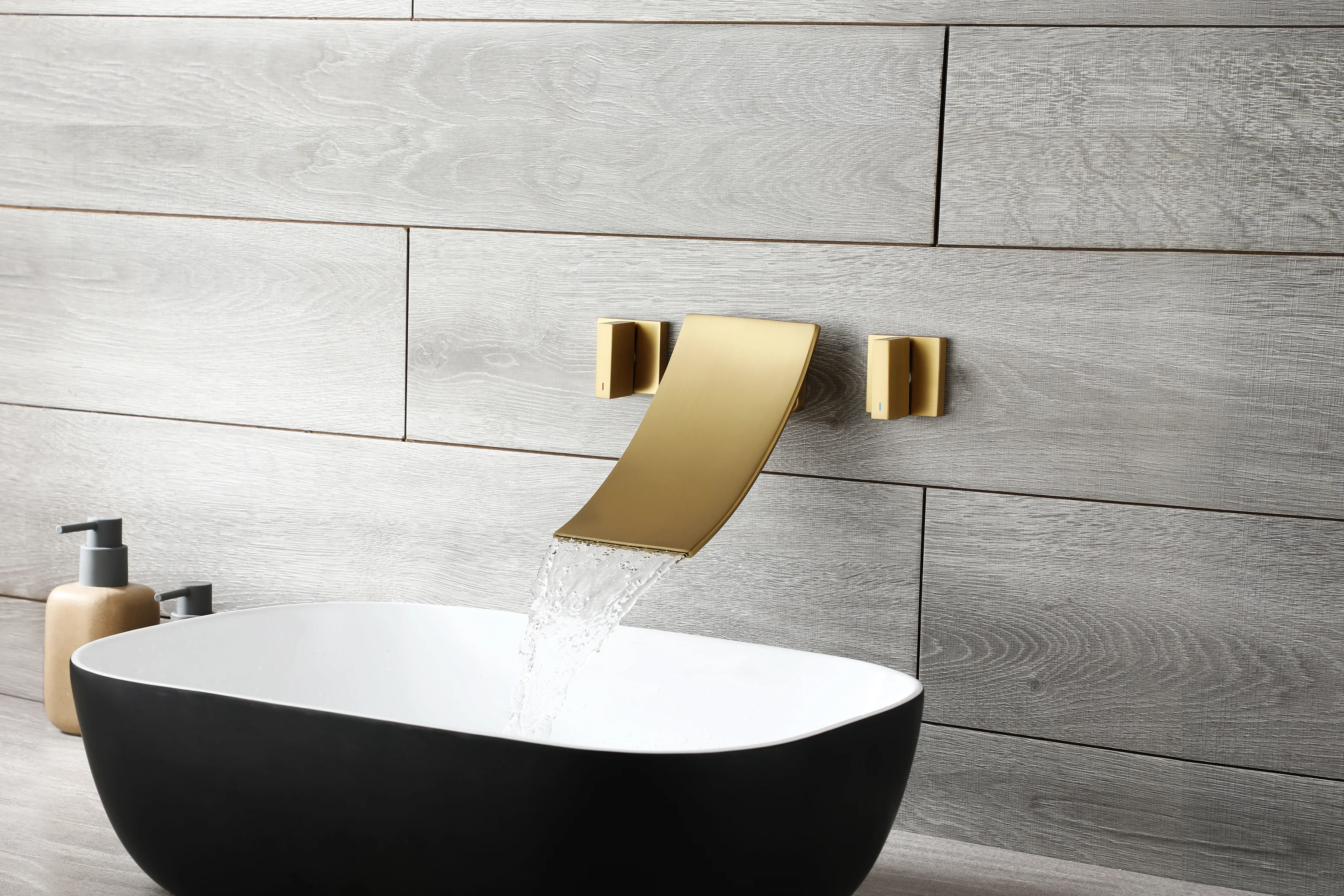 Brushed Gold Wall Mount Waterfall Bathroom Sink Faucet with Overflow Brass Pop-Up Drain - Image 3