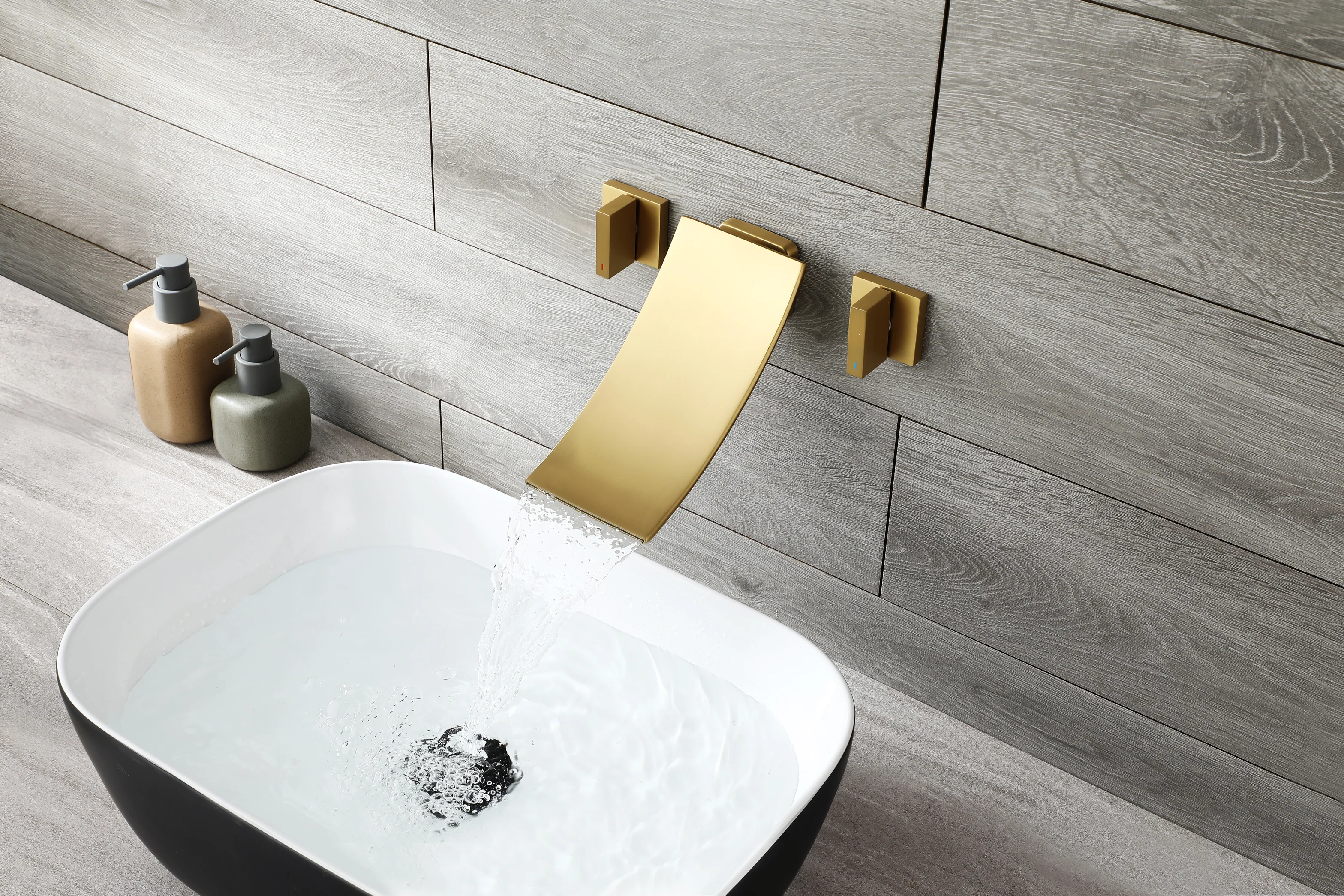 Brushed Gold Wall Mount Waterfall Bathroom Sink Faucet with Overflow Brass Pop-Up Drain - Image 4