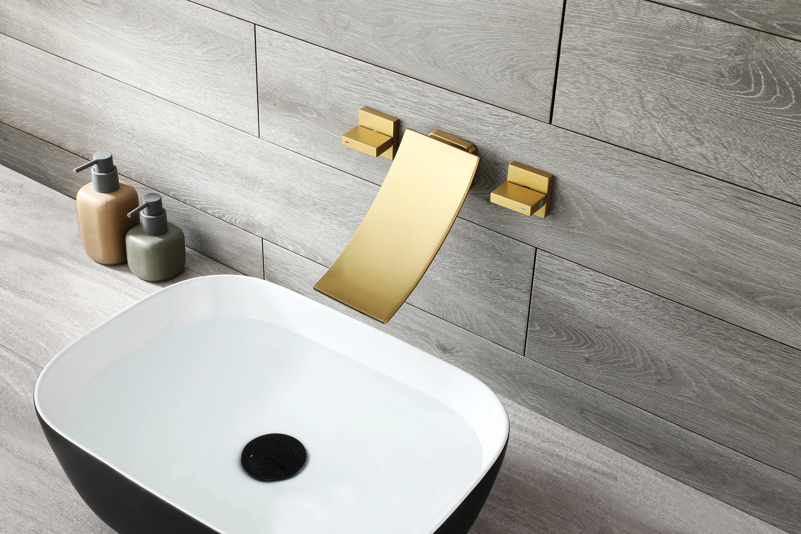 Brushed Gold Wall Mount Waterfall Bathroom Sink Faucet with Overflow Brass Pop-Up Drain - Image 5