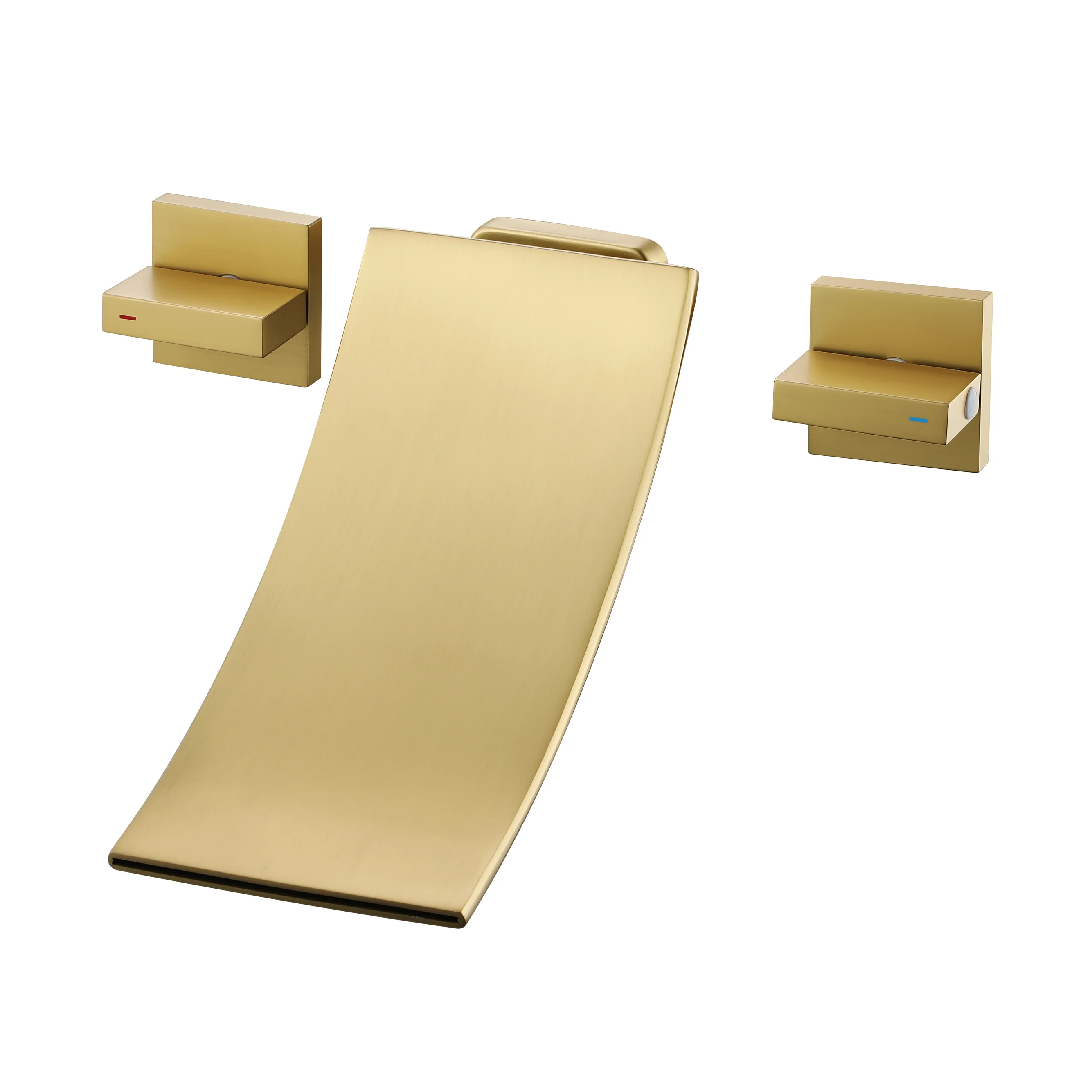 Brushed Gold Wall Mount Waterfall Bathroom Sink Faucet with Overflow Brass Pop-Up Drain - Image 6
