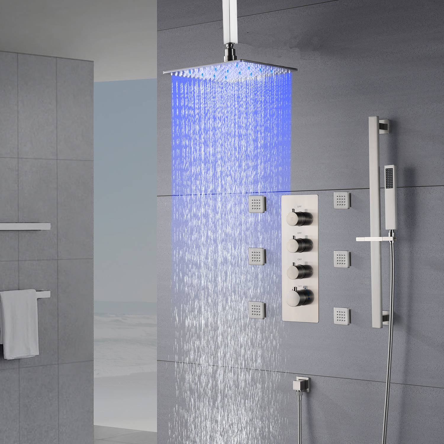 Brushed Nickel Ceiling-Mounted Rain Shower System: Available in 12'' or 16'', with Optional LED Light, Includes 6 Body Jets and 3-Way Thermostatic Shower Faucet, Each Function Works Simultaneously or Separately - Image 3