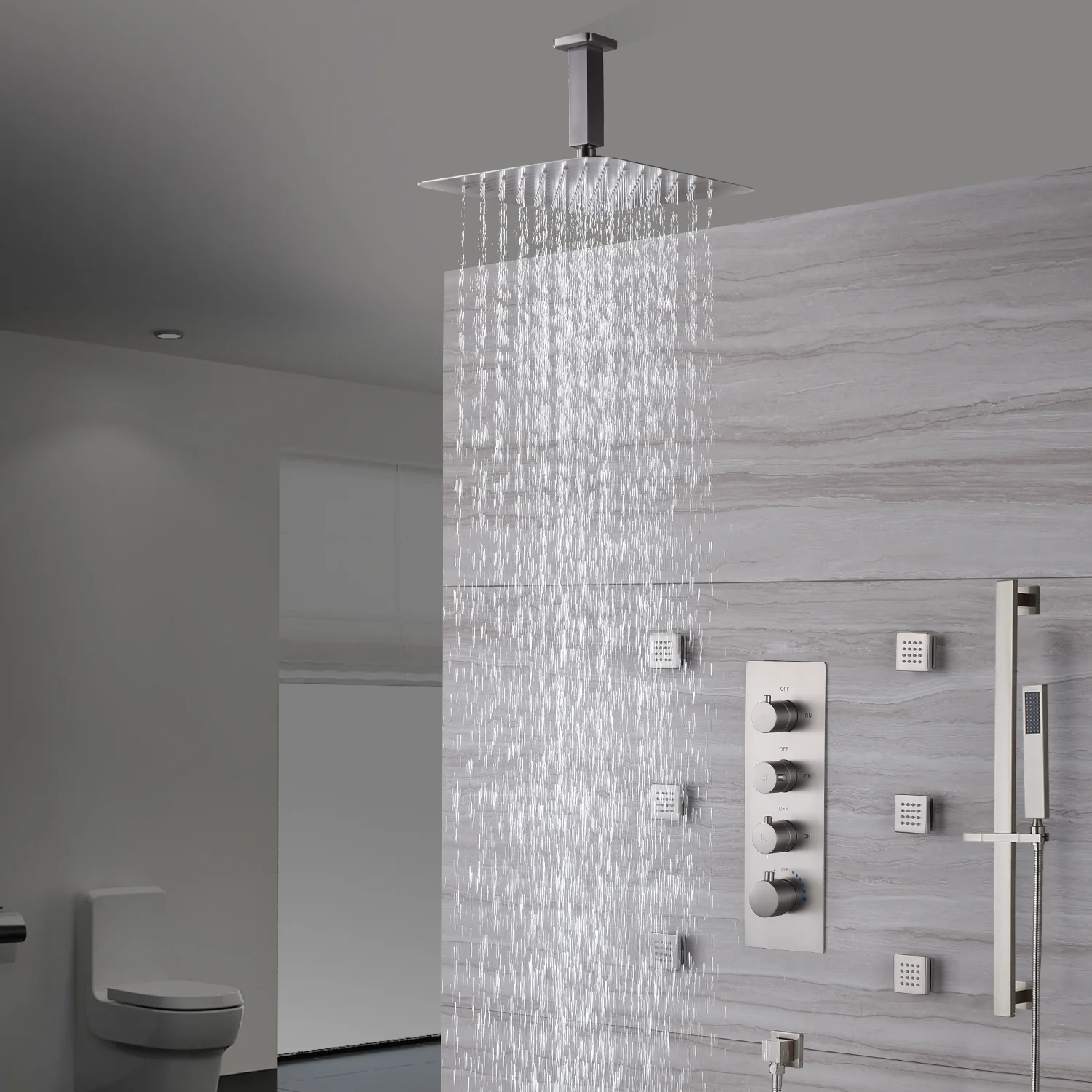 Brushed Nickel Ceiling-Mounted Rain Shower System: Available in 12'' or 16'', with Optional LED Light, Includes 6 Body Jets and 3-Way Thermostatic Shower Faucet, Each Function Works Simultaneously or Separately - Image 4