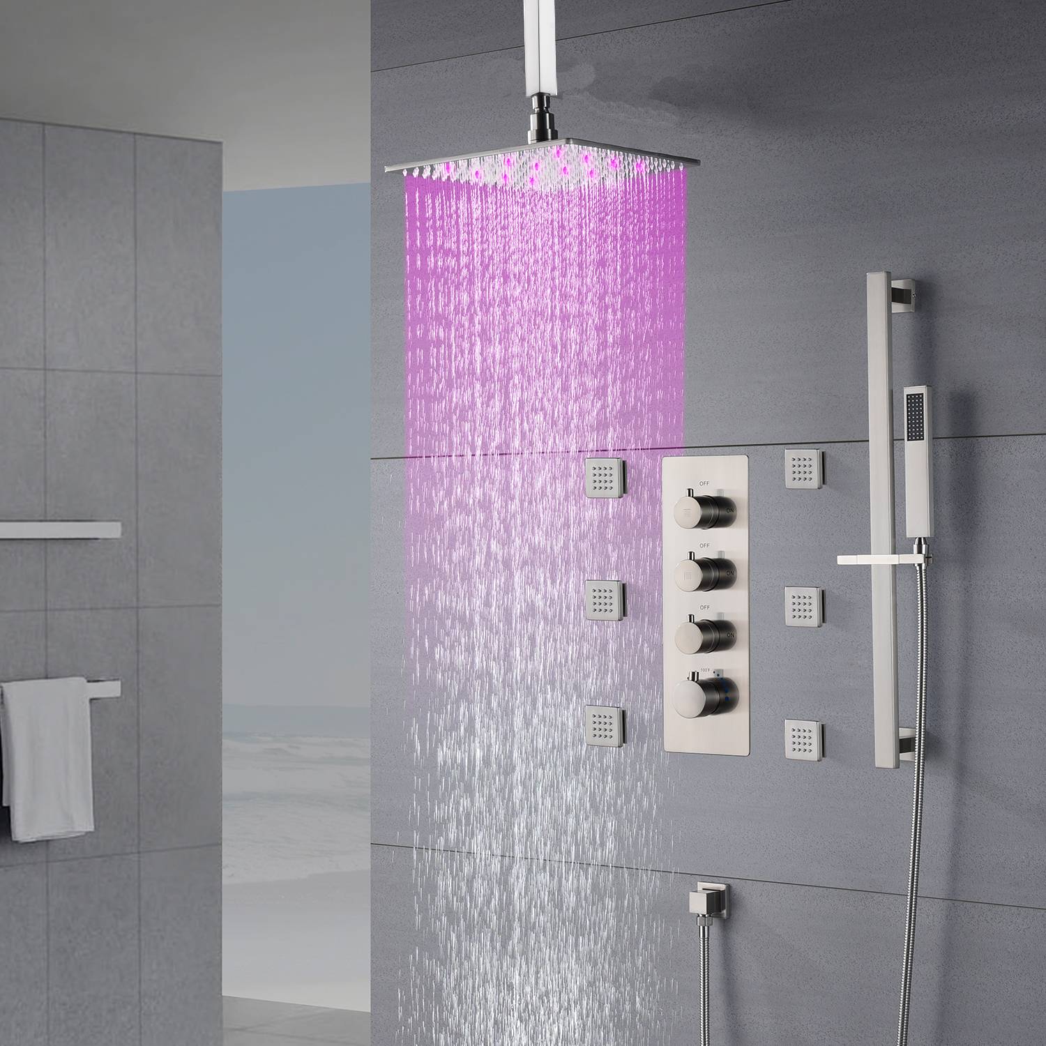 Brushed Nickel Ceiling-Mounted Rain Shower System: Available in 12'' or 16'', with Optional LED Light, Includes 6 Body Jets and 3-Way Thermostatic Shower Faucet, Each Function Works Simultaneously or Separately - Image 5