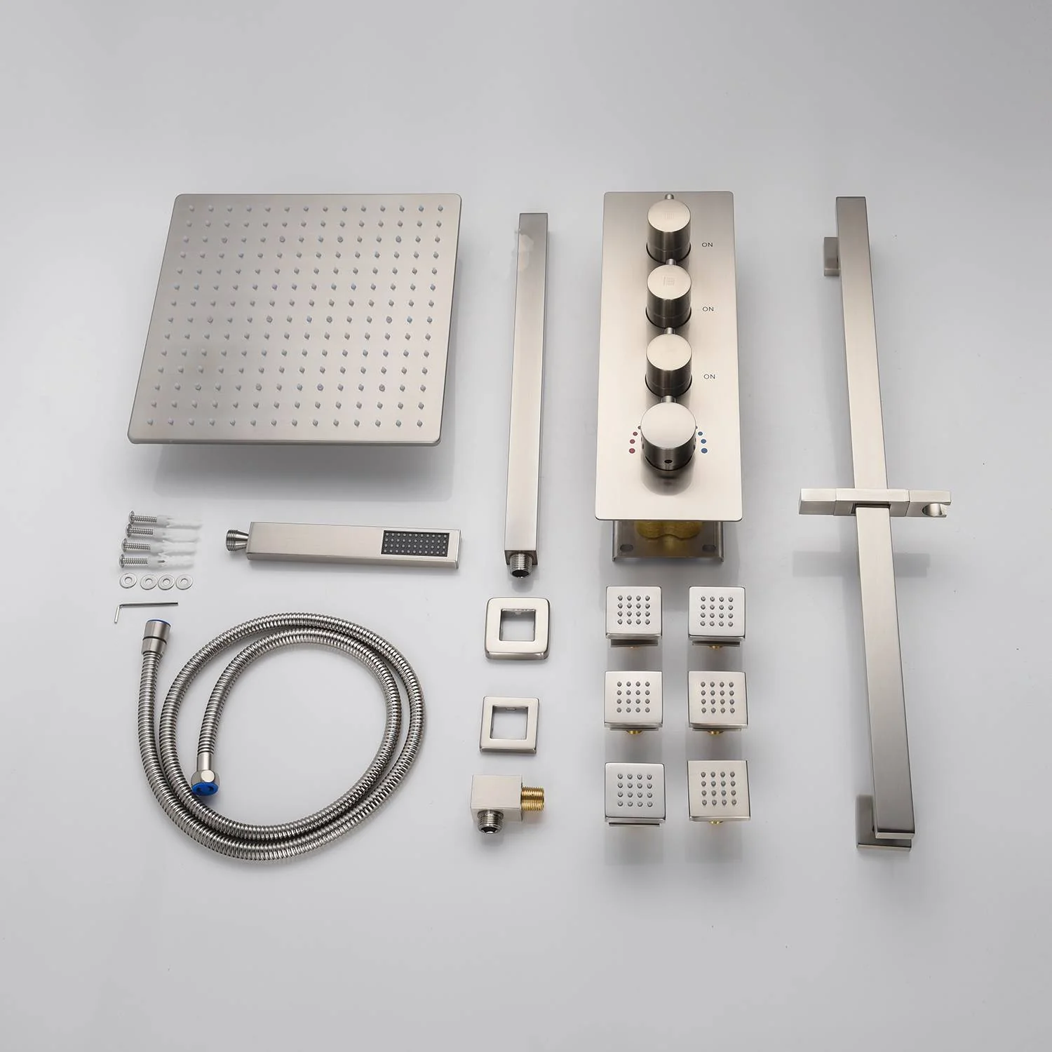 Brushed Nickel Ceiling-Mounted Rain Shower System: Available in 12'' or 16'', with Optional LED Light, Includes 6 Body Jets and 3-Way Thermostatic Shower Faucet, Each Function Works Simultaneously or Separately - Image 7