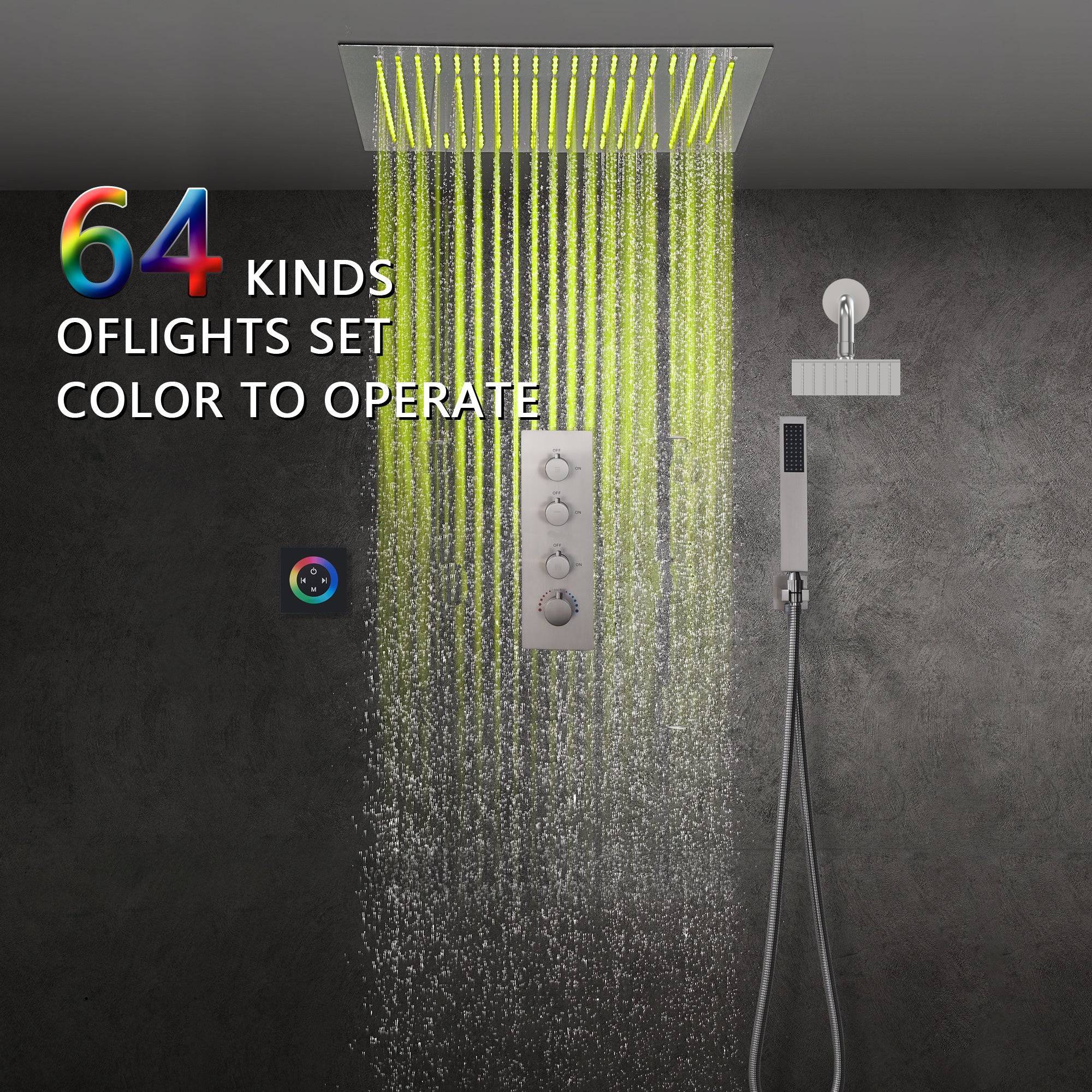Brushed Nickel 3-Way Thermostatic Shower System with 20-Inch LED Rainfall Showerhead, Digital Display, Regular head and Touch Panel Control, Flush-Mounted Design - Image 3