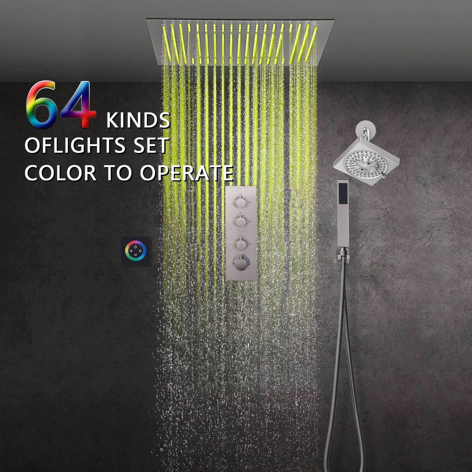Brushed Nickel 3-Way Thermostatic Shower System with 20-Inch LED Rainfall Showerhead, Digital Display, Regular head and Touch Panel Control, Flush-Mounted Design - Image 4