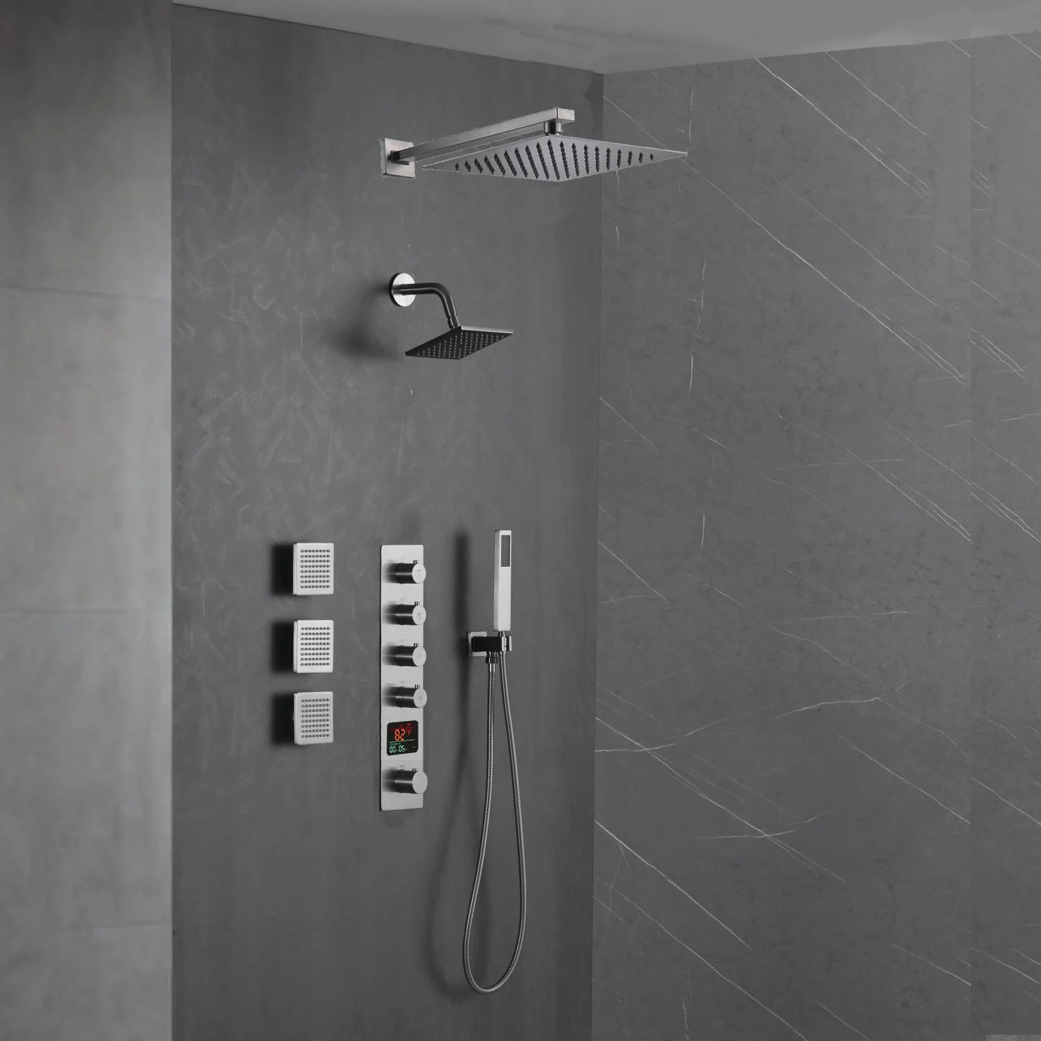 Brushed Nickel 4-Way Thermostatic Wall Mount Shower System - Featuring Dual Functionality with 12 or 16-inch LED or Non-LED Rain Head and High Pressure 6-inch Regular Head - Image 2