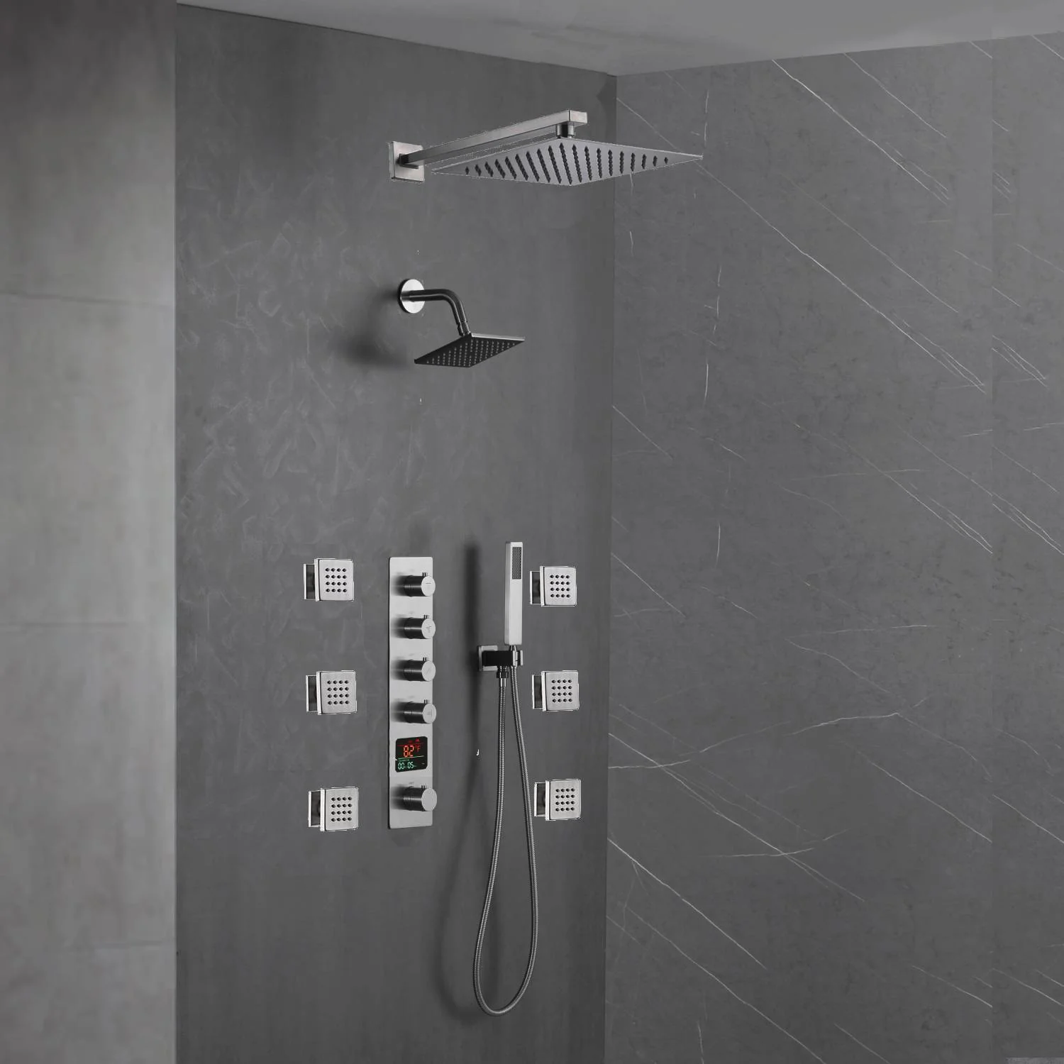 Brushed Nickel 4-Way Thermostatic Wall Mount Shower System - Featuring Dual Functionality with 12 or 16-inch LED or Non-LED Rain Head and High Pressure 6-inch Regular Head - Image 3