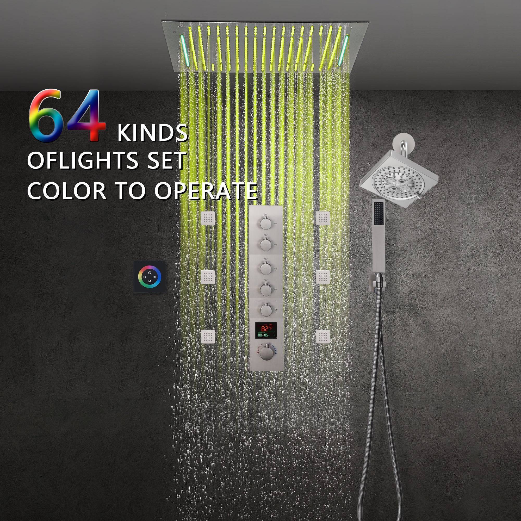 Flush-Mounted Brushed Nickel 5-Way Digital Thermostatic Shower System: with Six Body Jets, Regular Head, and 20-Inch Rainfall Waterfall LED-Lit Bluetooth Music Shower Head - Image 2