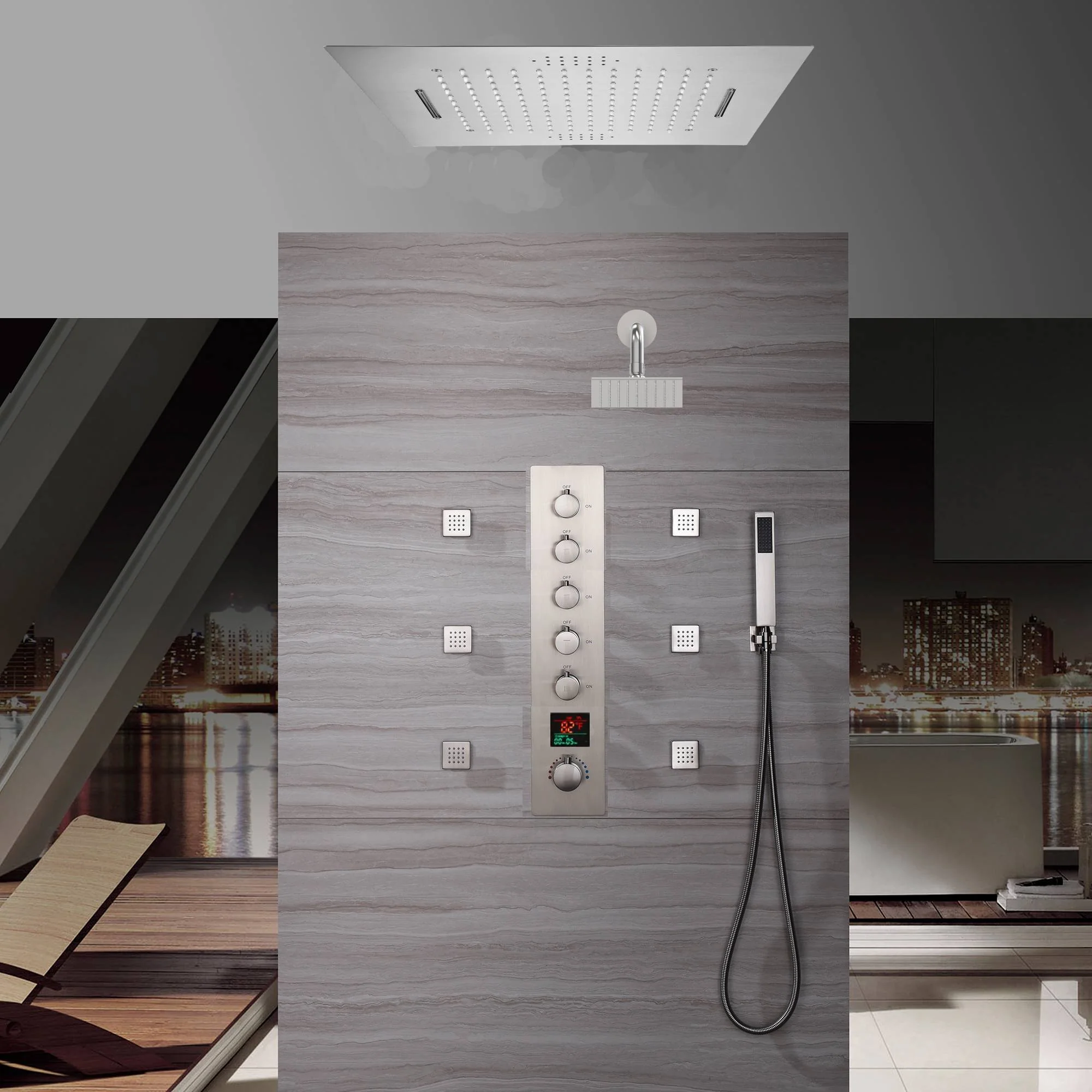 Flush-Mounted Brushed Nickel 5-Way Digital Thermostatic Shower System: with Six Body Jets, Regular Head, and 20-Inch Rainfall Waterfall LED-Lit Bluetooth Music Shower Head - Image 3