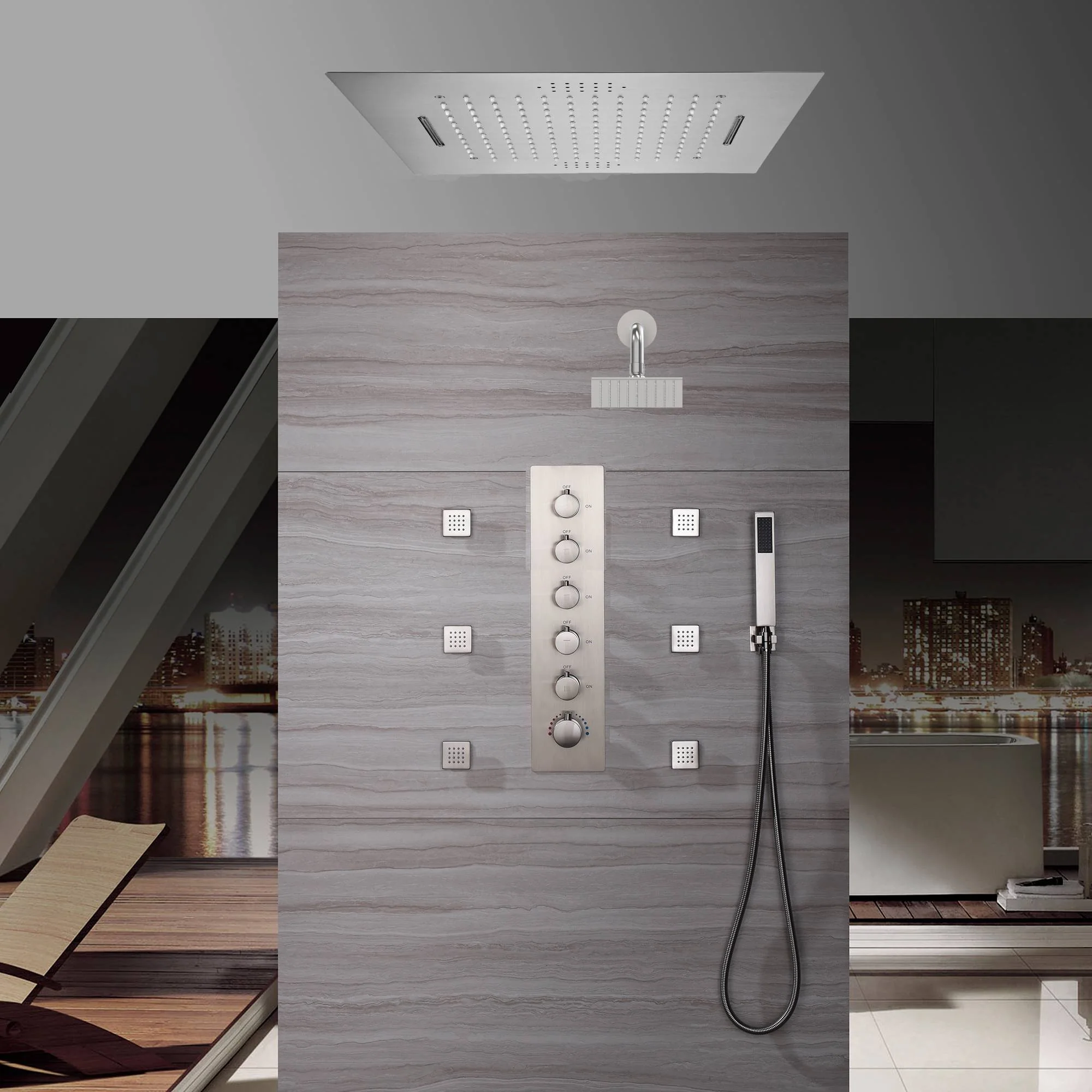 Flush-Mounted Brushed Nickel 5-Way Digital Thermostatic Shower System: with Six Body Jets, Regular Head, and 20-Inch Rainfall Waterfall LED-Lit Bluetooth Music Shower Head - Image 5